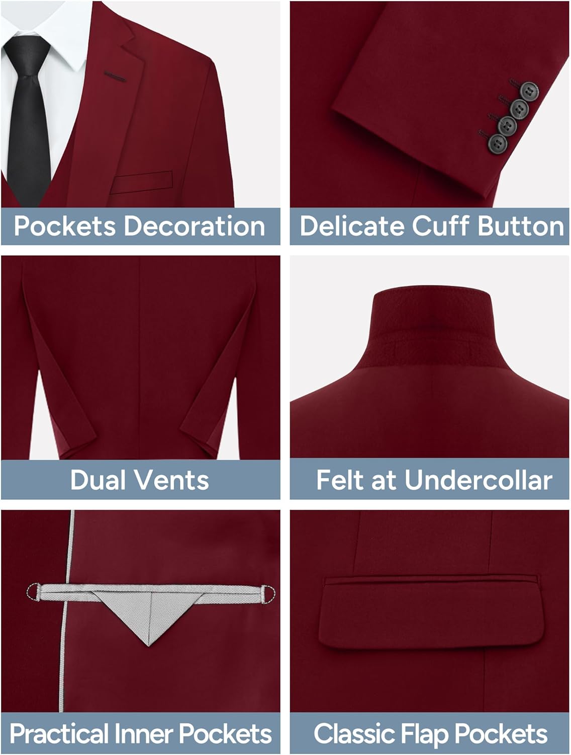 Men's Stretch Slim Fit 5-Piece Suit Set with Blazer, Vest, Pants, Bow Tie, Necktie and Pocket Square - Image 3