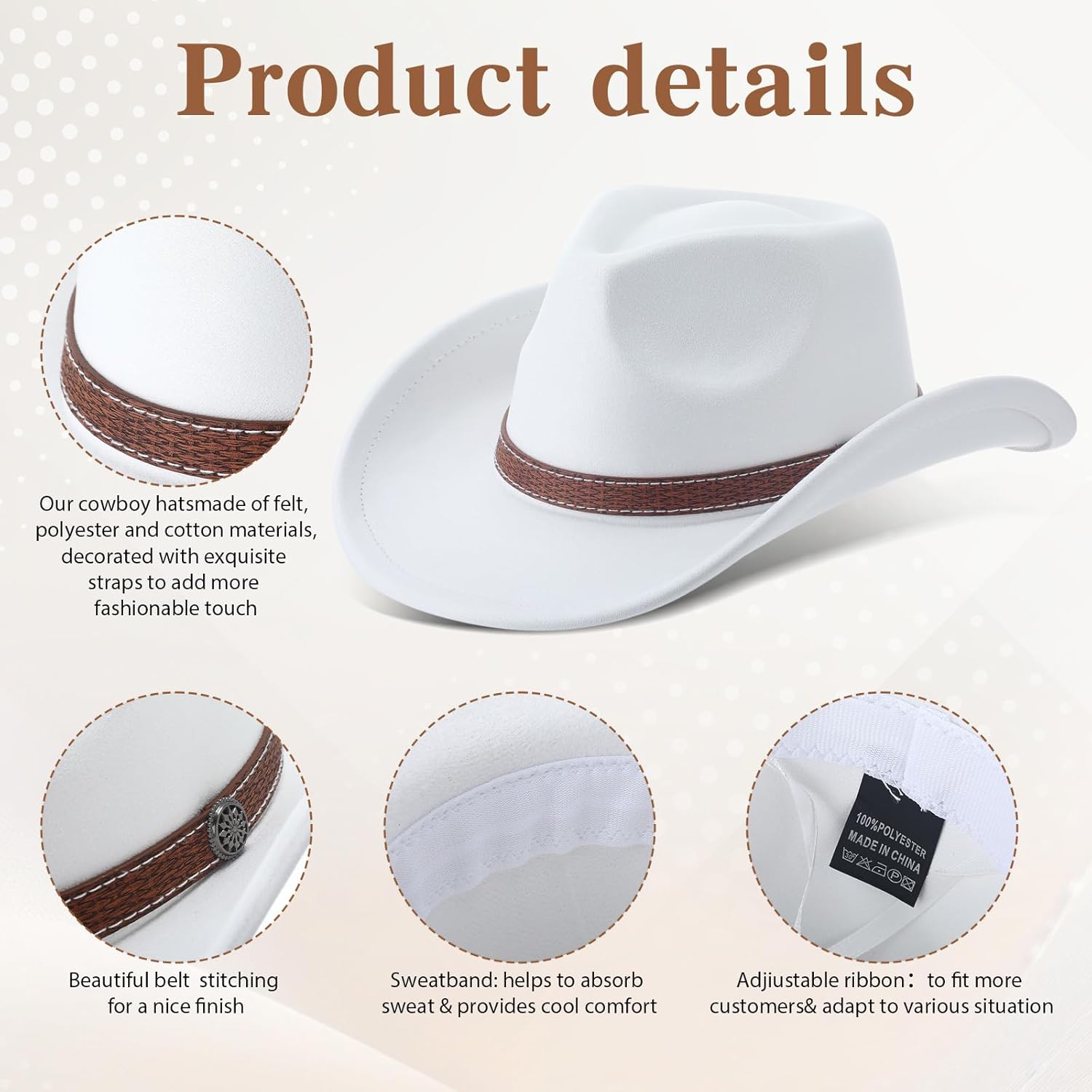 4 Pcs Classic Western Cowboy Hat Felt Wide Brim Cowgirl Hats with Belt Buckle for Women Men Adults Costume Party - Image 3