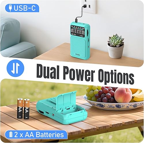 Vista 26 de PRUNUS J-211 Radio portátil AM FM con carga USB C y batería AA, radio transistor, recepción fuerte y altavoz claro, conector para auriculares, clip