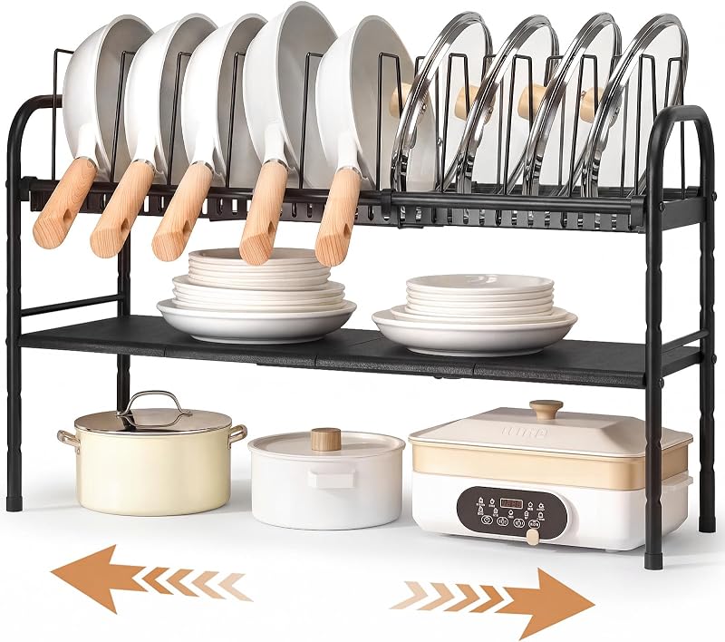 Pots and Pans Organizer Under Cabinet, 2-Tier Expandable Pot Rack | 10 Dividers for Lid Separation, 5-Level Adjustable Height, Kitchen Cookware Pan Holder Shelf, Carbon Steel Frame