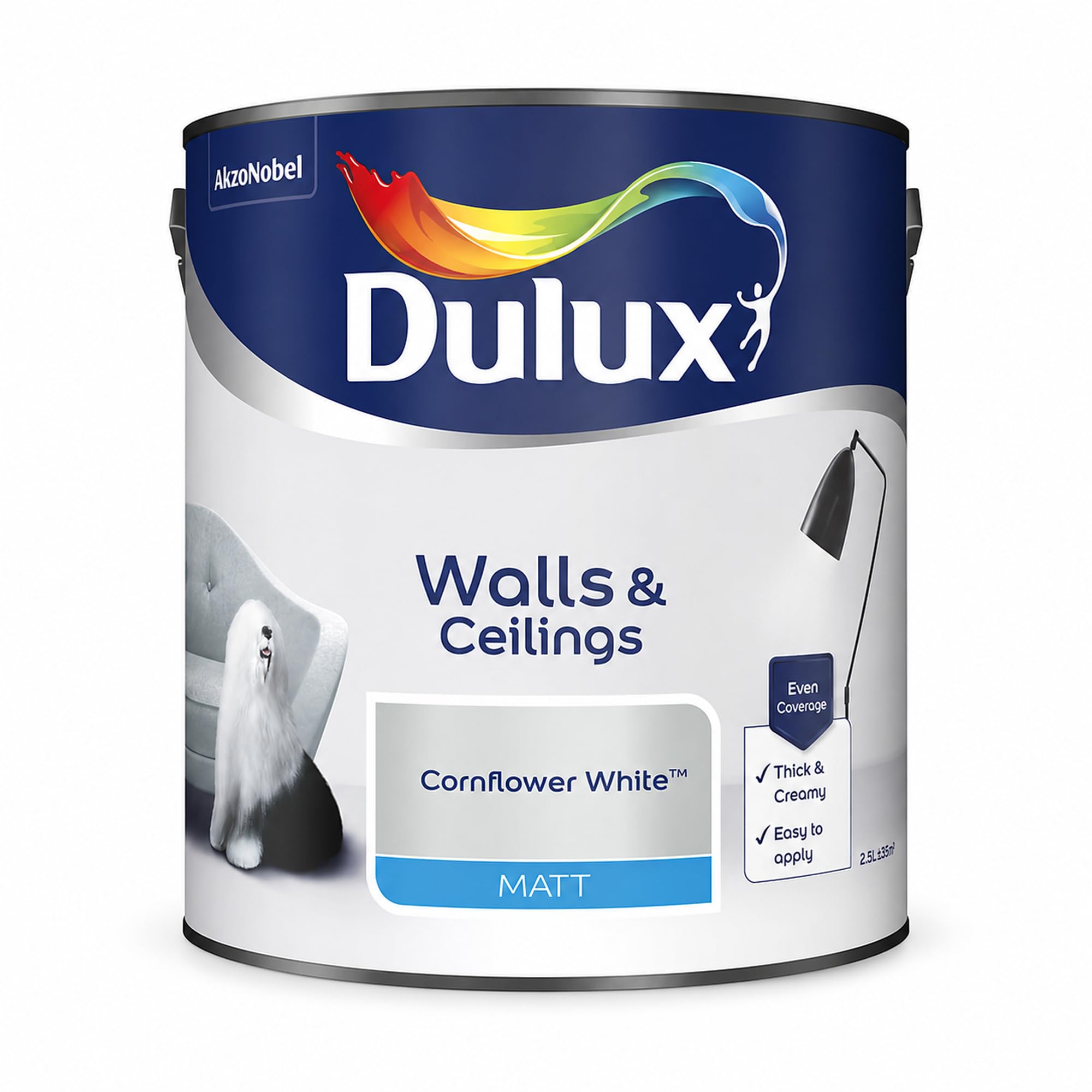 DRW Cornflower White Matt Emulsion Paint 2.5L | Interior Wall and Ceiling Paint | Smooth Flat Matt Finish | Durable Everyday Room Paint for Living Room Bedroom Hallway and Dining Room