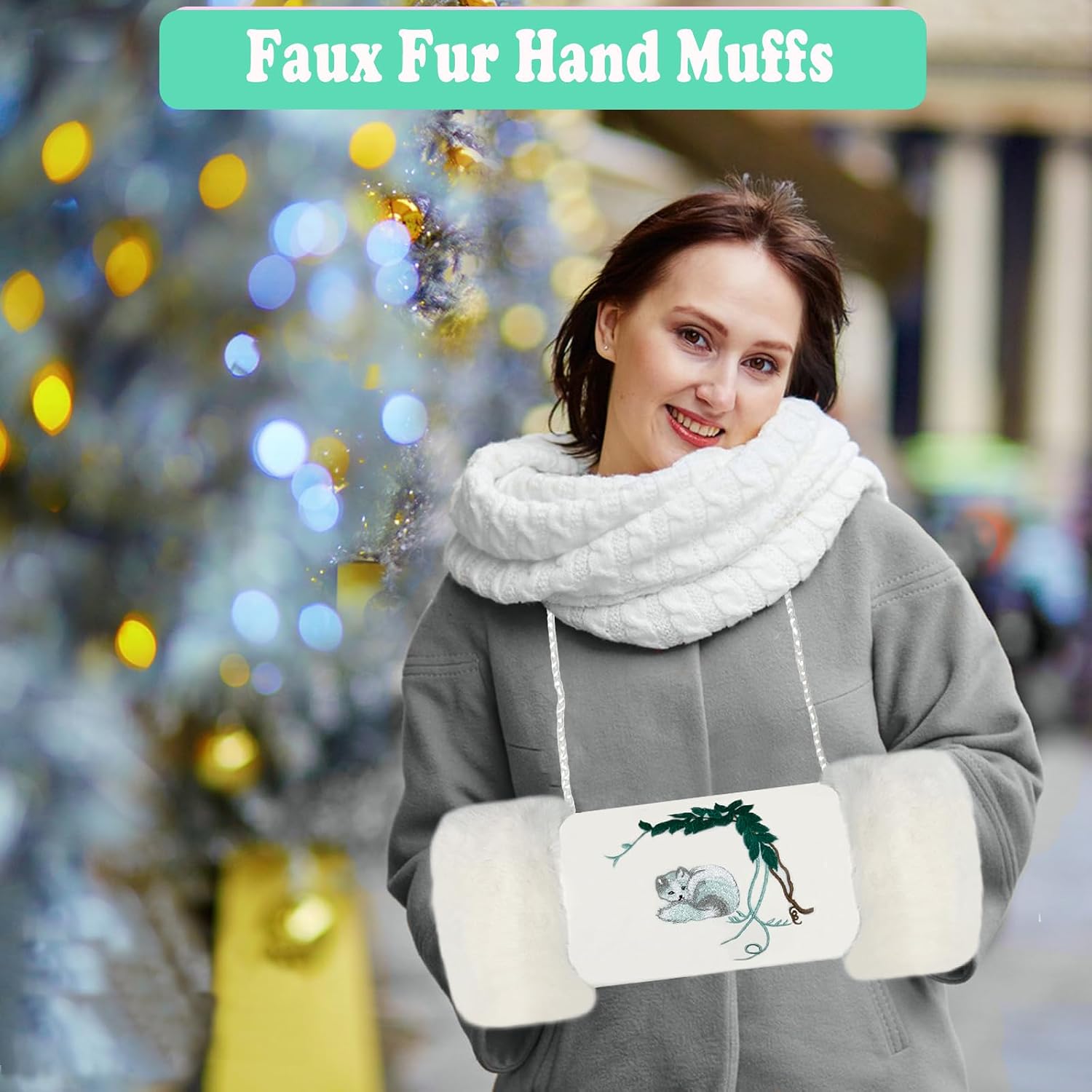 Faux Fur Hand Muffs, Portable Hand Warmer with Pouch and Strap, Cute Embroidery Pattern White Arm Warmers for Women Girls Kids
