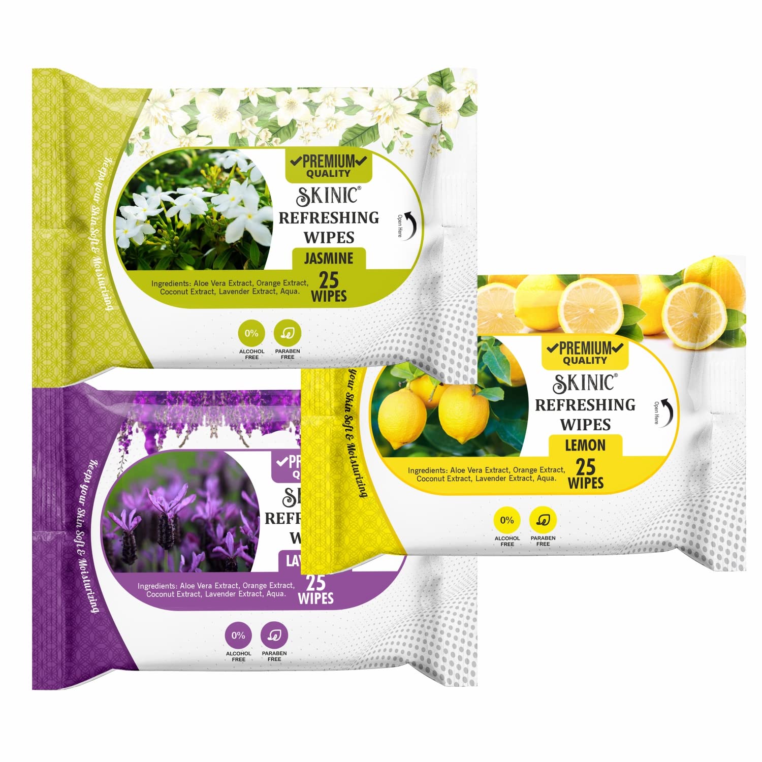 Skinic 100% Herbal Refreshing Wipes (Lavender, Jasmine & Lemon) | Alcohol-Free | Chemical-Free | Gentle Cleansing & Hydration | Travel-Friendly Pack (25 Pulls) PACK OF 3