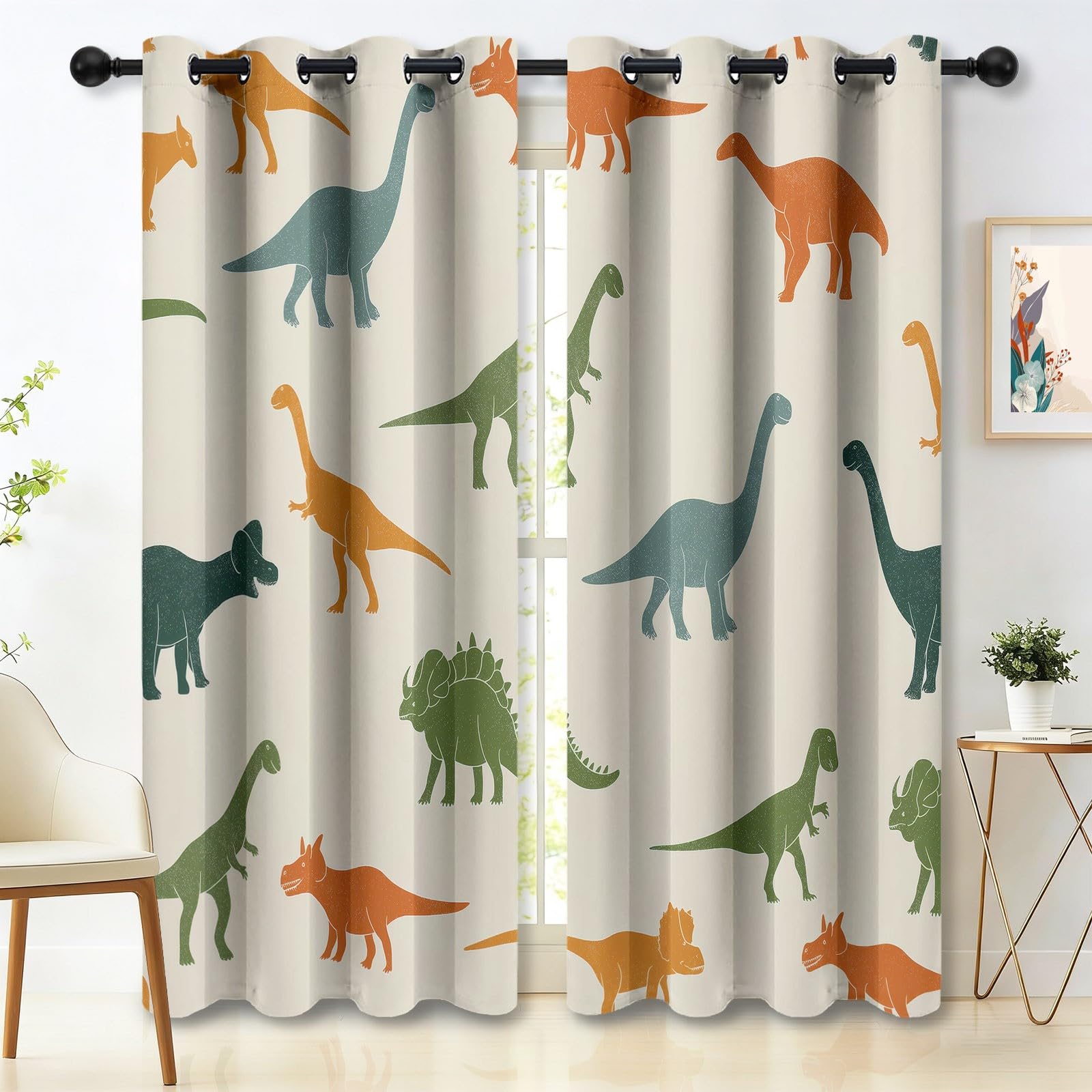 Rideaux Occultant 110L X 215H cm Lot de 2 avec Oeillets, Beige Rideau Salon Chambre Cuisine Dessin Animé Drôle Animal Dinosaure Rideau Thermique Isolant Anti Froid et Chaleur pour Garçon et Fille