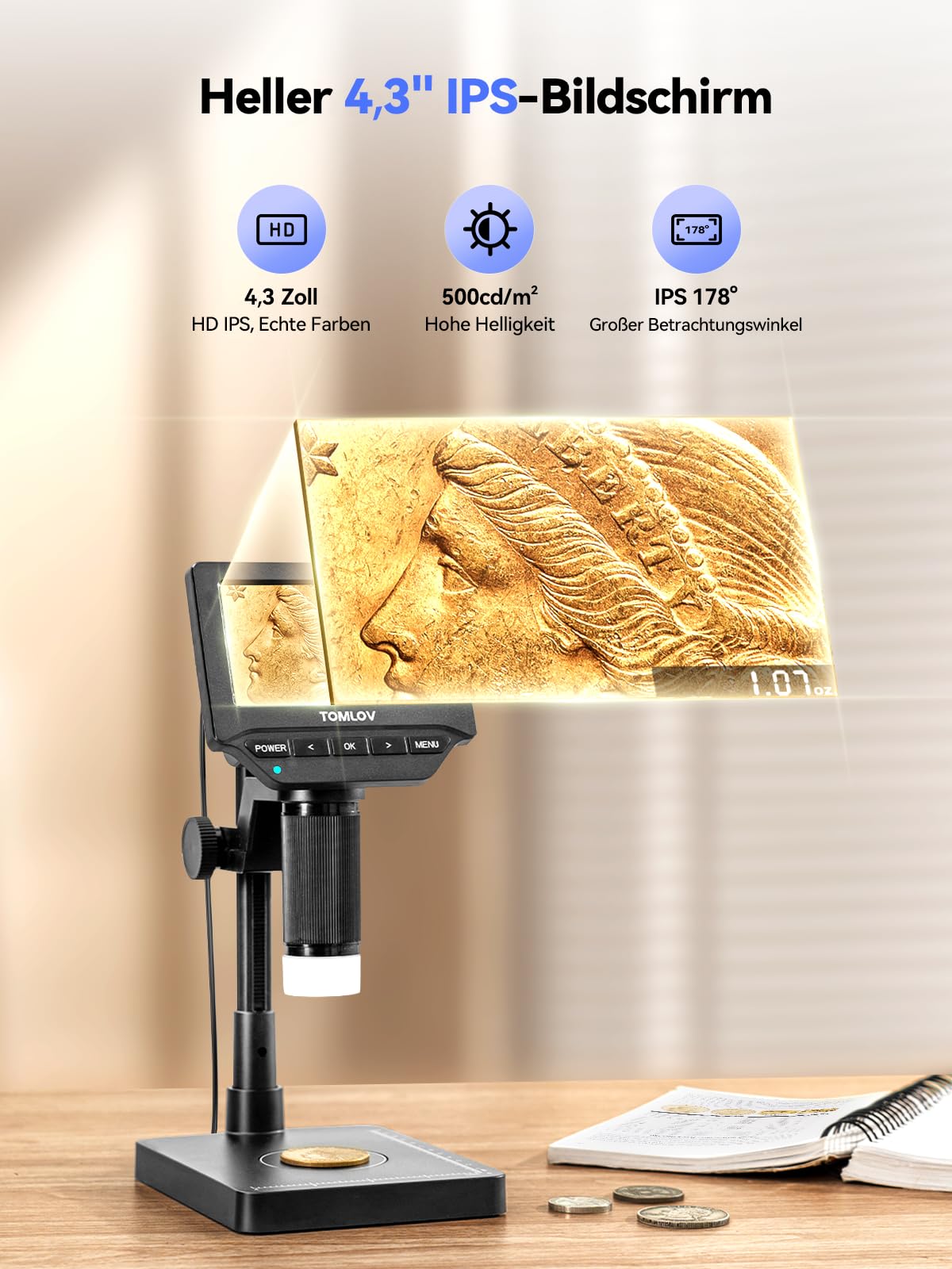 TOMLOV DM4W Mikroskop Digital mit Waage: Münzmikroskop mit 4,3" IPS-Bildschirm, USB Münzlupe mit LED-Beleuchtung, Präzisionswaage für Sammler, Juweliere, PC/Mac-Kompatibel
