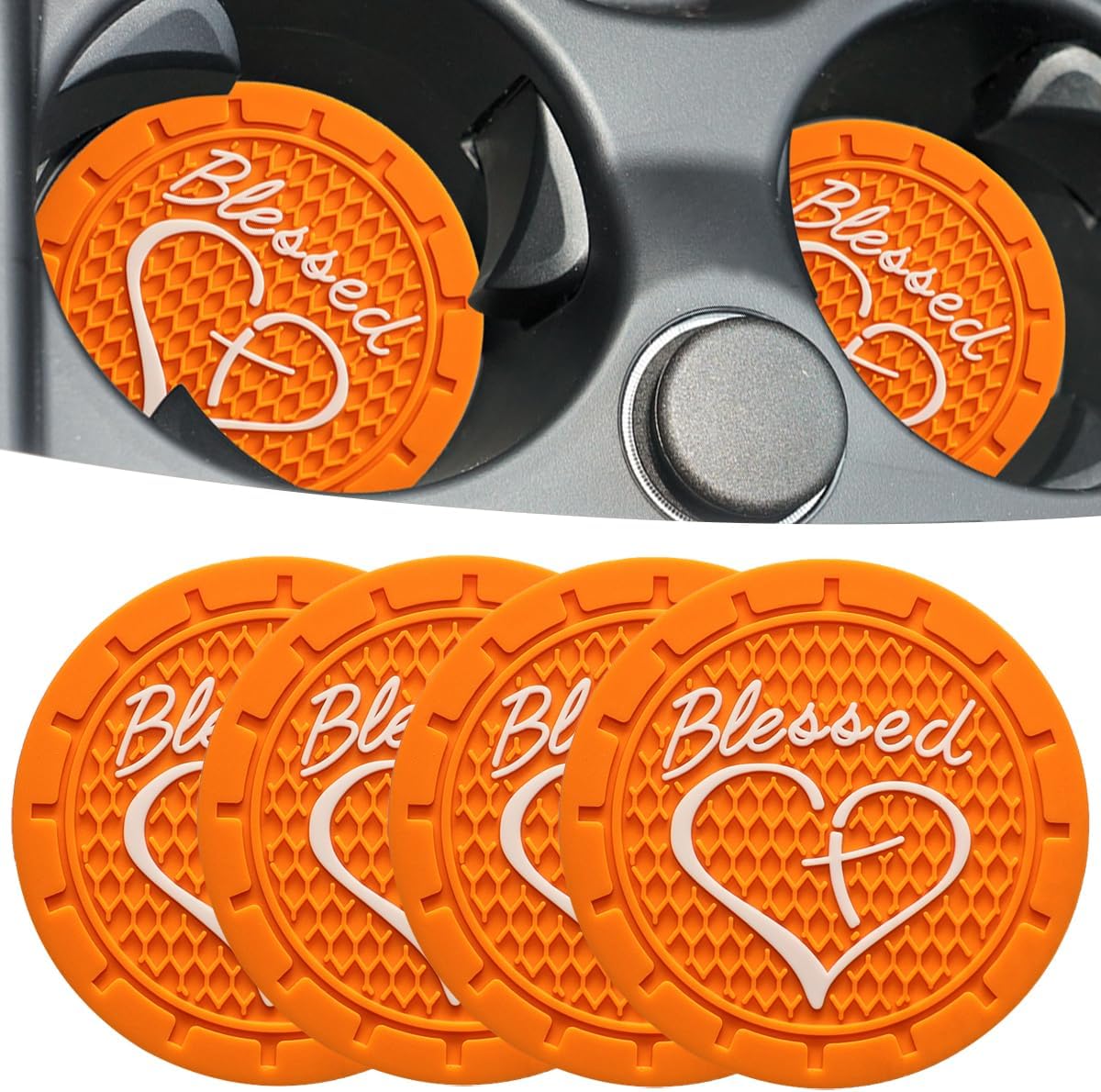 Car Cup Holder Coaster, 4 Pack 2.75 Inch Diameter Waterproof Non-Slip Universal Insert Coaster, Durable, Suitable for Most Car Interior, Car Accessory for Women Men Orange