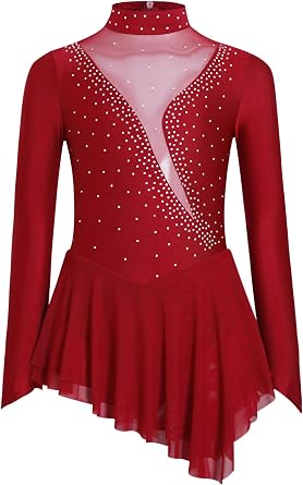 easyforever Kids Girls Mesh Patchwork Roller Figure Ice Skating Dress Shiny Rhinestone Ballet Leotard Dress Dancewear