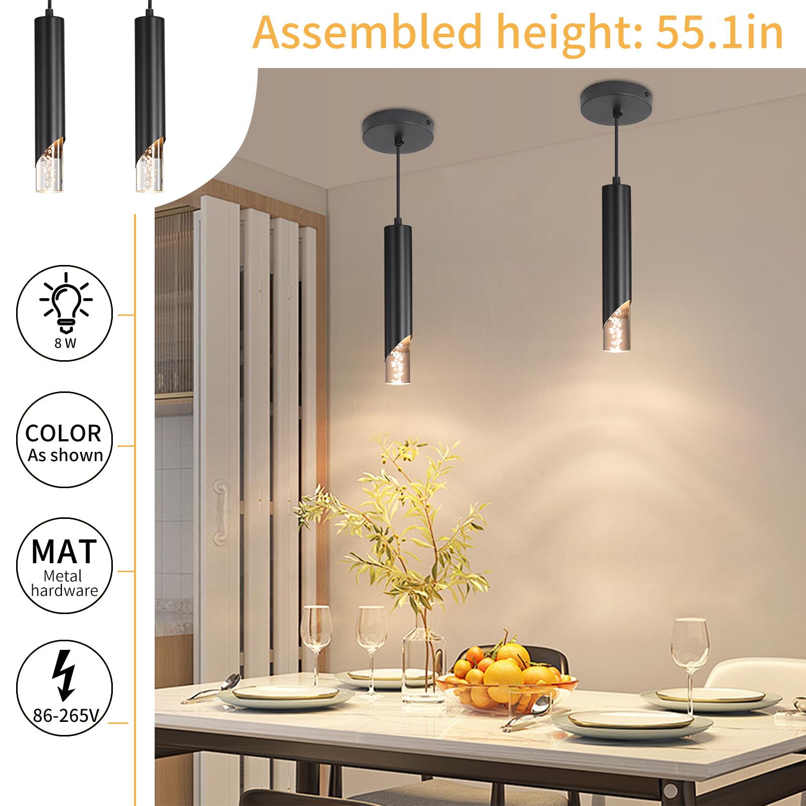 Paquete de 2 luces colgantes minimalistas para isla de cocina, lámpara colgante lineal moderna negra, acrílico de burbujas, ajustable 2700K/4500K/6500K, lámpara de techo LED para comedor, mesita de 6