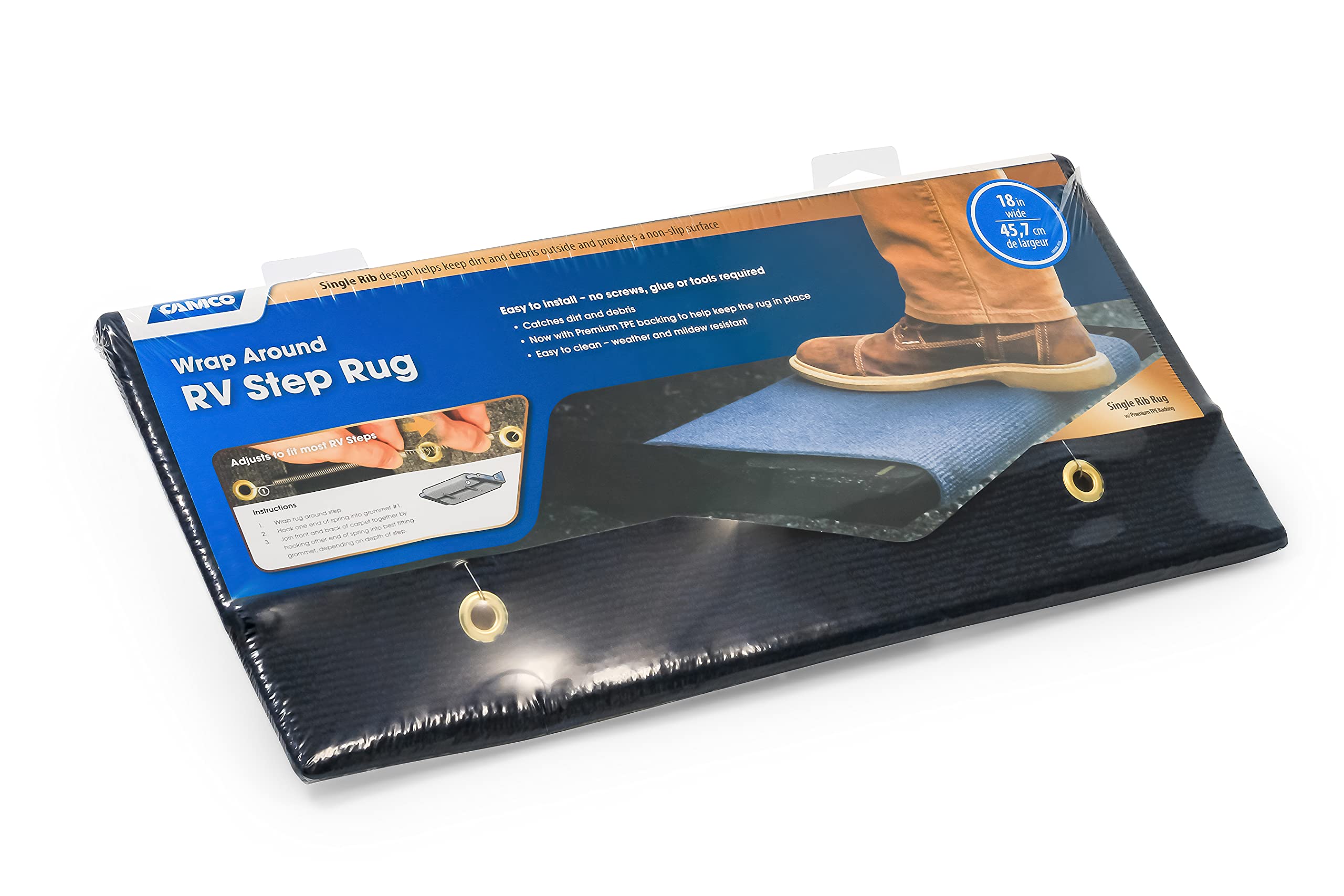 Camco Step Rug - 18x23 Inch Ribbed Outdoor Mat With TPE Backing, Blue, For RV And Trailer Steps