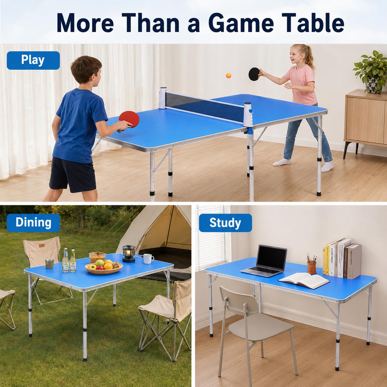Mini tavolo da ping pong pieghevole, 152 x 76 x 76 cm, tavolo da ping pong portatile con 6 gambe e 3 stabilizzatori, con rete, 2 racchette e 3 palline, per interni ed esterni, per bambini e adulti