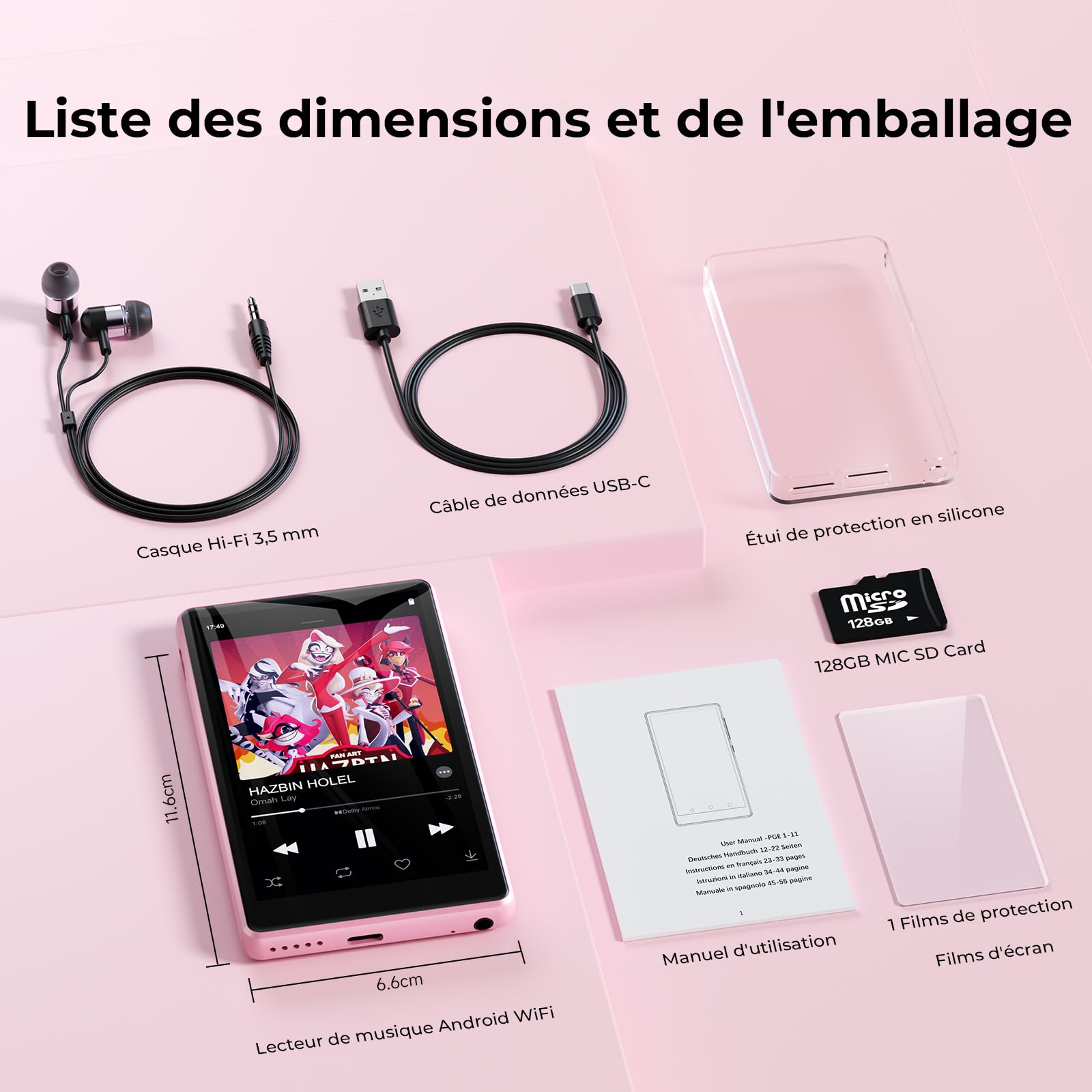 160 Go Lecteur MP3 Spotify avec Bluetooth et WiFi, Android Lecteur MP4