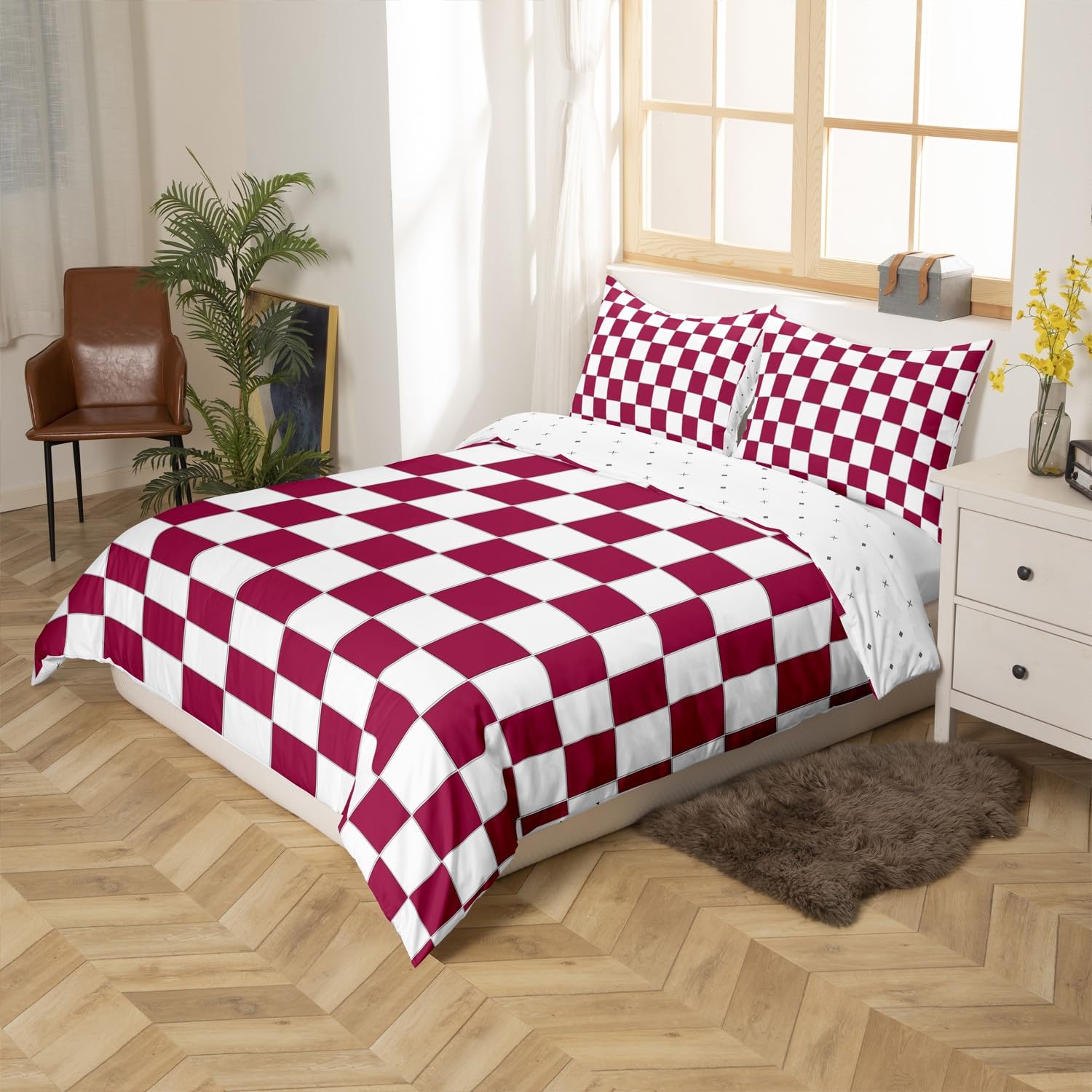 Burgundy Check Plaid Comforter Cover Single White Red Checkerboard Bedding Set,Checkered Grid Duvet Cover For Kids Teen Adults Aesthetic Geometric Bed Set Modern Room Decor Zipper - Image 3