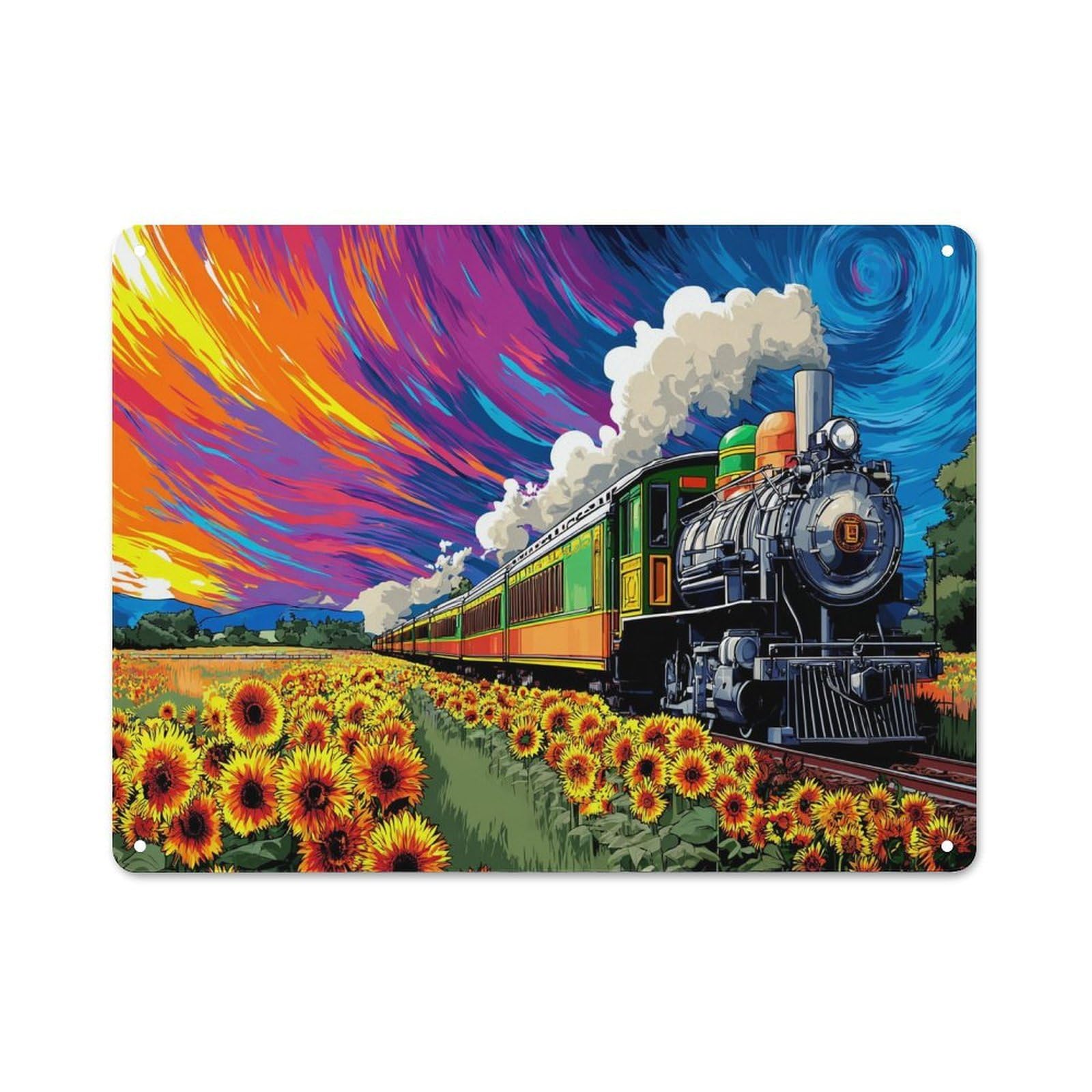 Junmoney Steam Train Through Sunflower Fields Loft Style Decorative Metal Plaque 30X40cm, Studio Wall Art For Workspace, Cafe, Hallway Or Garage