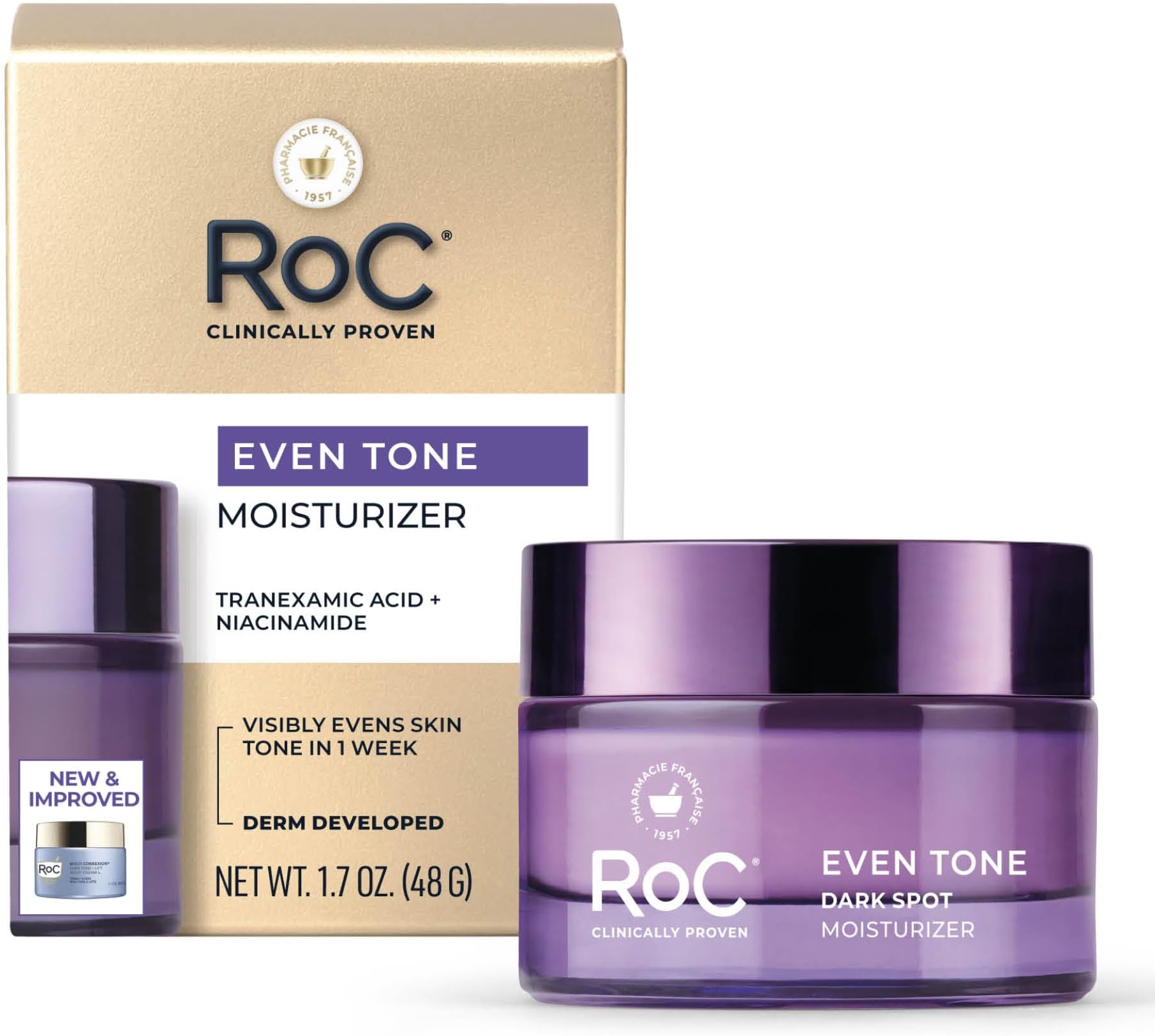 RoC Even Tone + Lift Moisturizing Night Cream, (New Look, Same Formula), Anti Aging, Formula for Dark Spots & Discoloration, Hydrating Skin Tone Corrector for Face & Neck (Packaging May Vary) - 1.7 oz