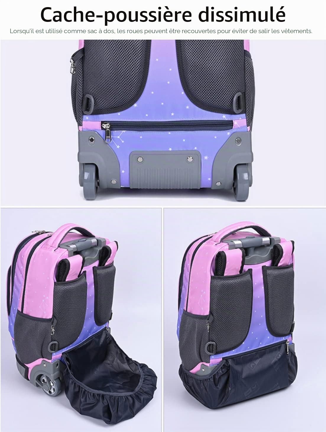 Sac à Dos à Roulettes Multifonction pour école, étudiants et Adultes 19 Pouces Cartable à Roulettes pour Garçons et Filles