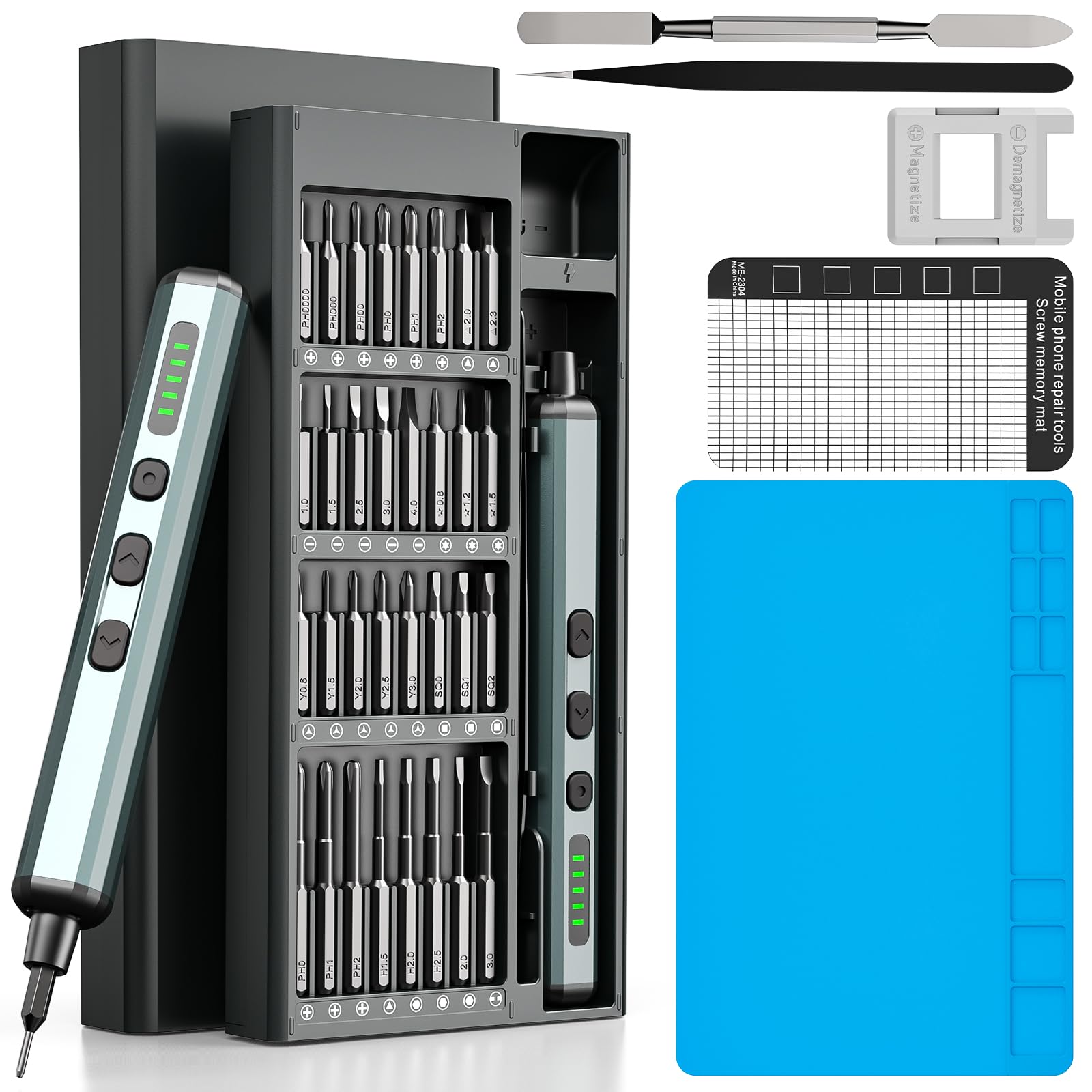 70-in-1 Cordless Electric Screwdriver Set with 64 S2 Steel Bits: 3.7V USB-C Rechargeable, 5 Torque Settings & 4 LED Lights, Mini Repair Kit for PC, RC