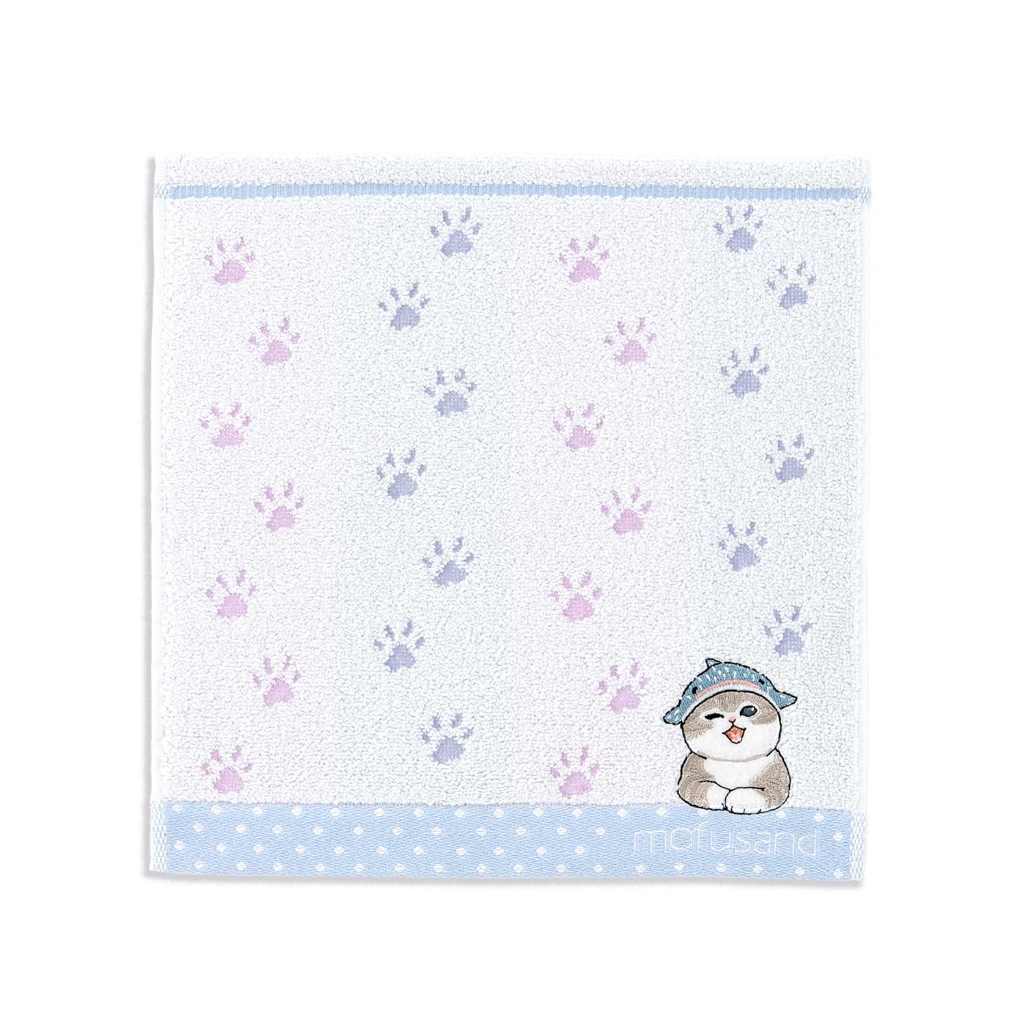 Mofusand Cat Paw Print Towel Handkerchief Blue Cotton 9.8in Japan