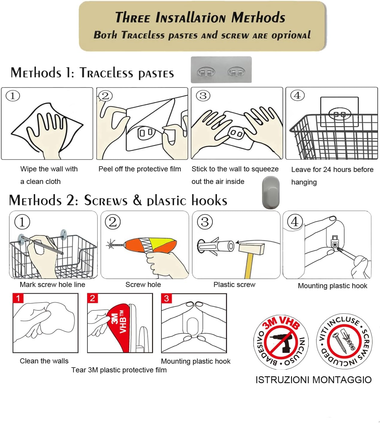 2 Pack【Extra Large】Hanging Kitchen Basket,Wire Storage Basket,with Traceless Tape and 3M High-Strength Plastic Hooks,no Drilling,for Cabinet Storage,Kitchen,Bathroom,Storage Room,large capacity - Image 6