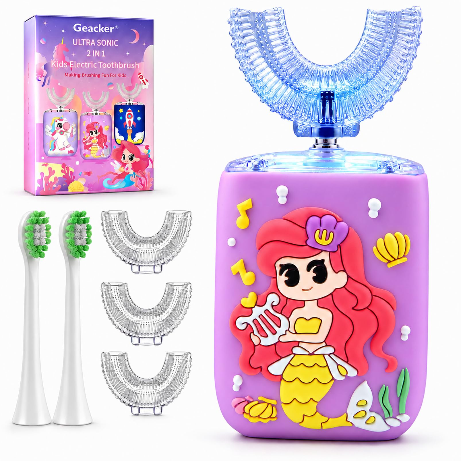 Geacker Kids Electric Toothbrush, U Shaped Toothbrush Kids Sonic Automatic Brush with 5 Brush Head 6 Sonic Clean Modes IPX7 Waterproof Mermaid Design Rechargeable Smart Timer for Children 2-7-image-8