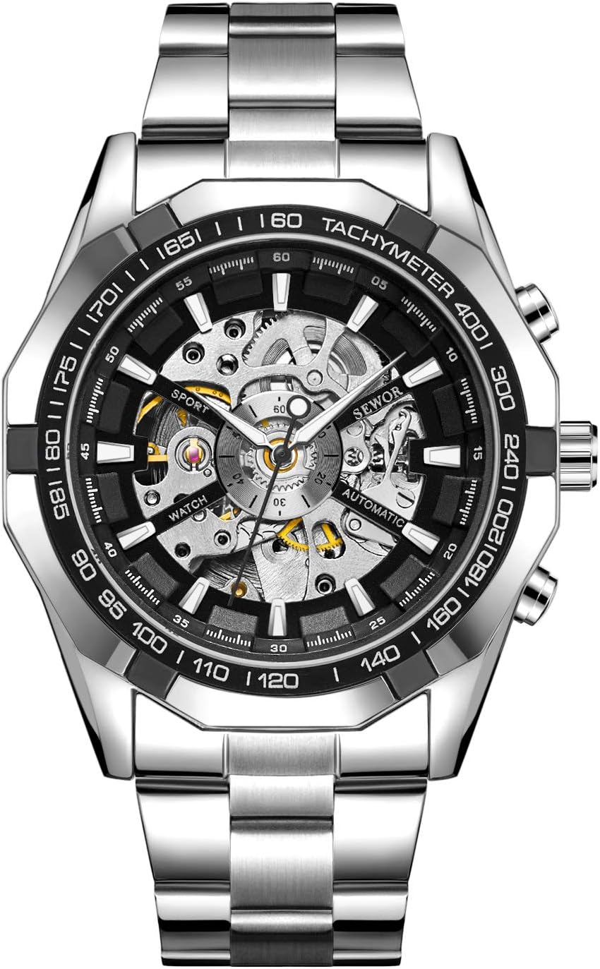 SEWOR Mens Automatic Mechanical Self Wind Sport Wrist Watch with Tachymeter