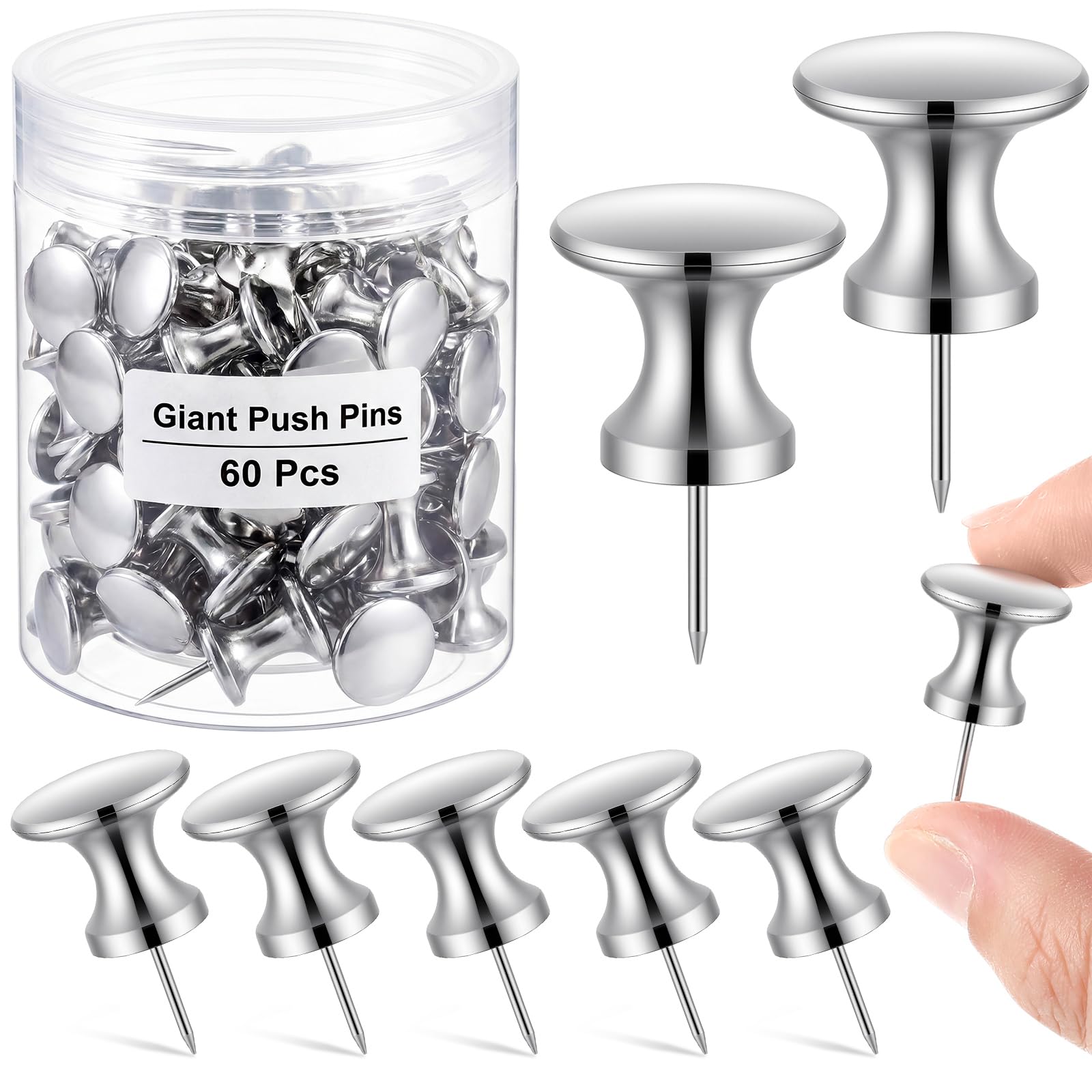 Outus 60 Pcs Giant Push Pins Jumbo Tacks 1 Inch Plastic Head for Cork Board Map Posters Decorations Gifts Under 10 Dollars(Silver Coating)