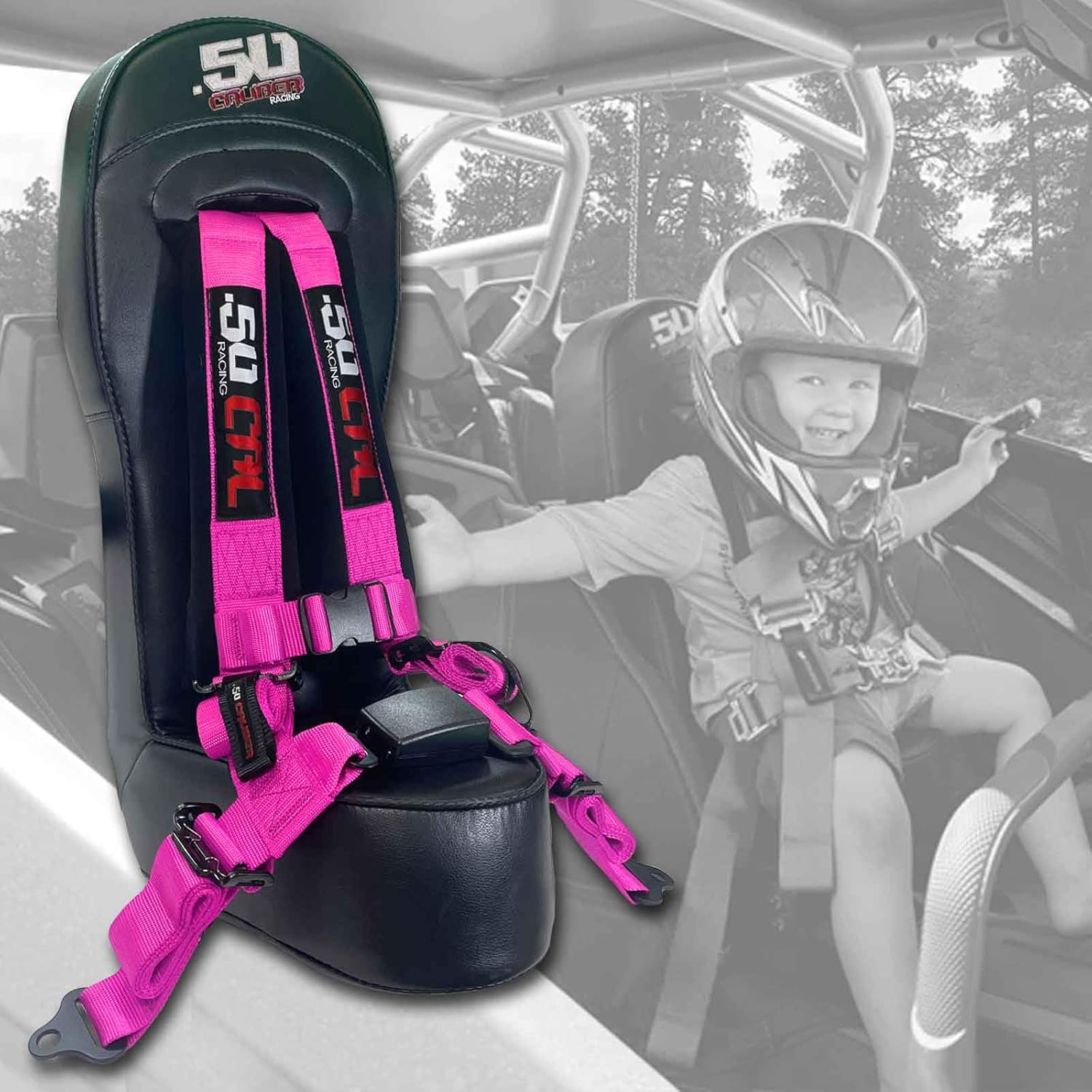 Bump Seat + Pink 4 Point Harness with Push Button Release, Compatiable with Polaris RZR, XP1000, XP Turbo, UTV, Off Road [5048A5 CB 6034]