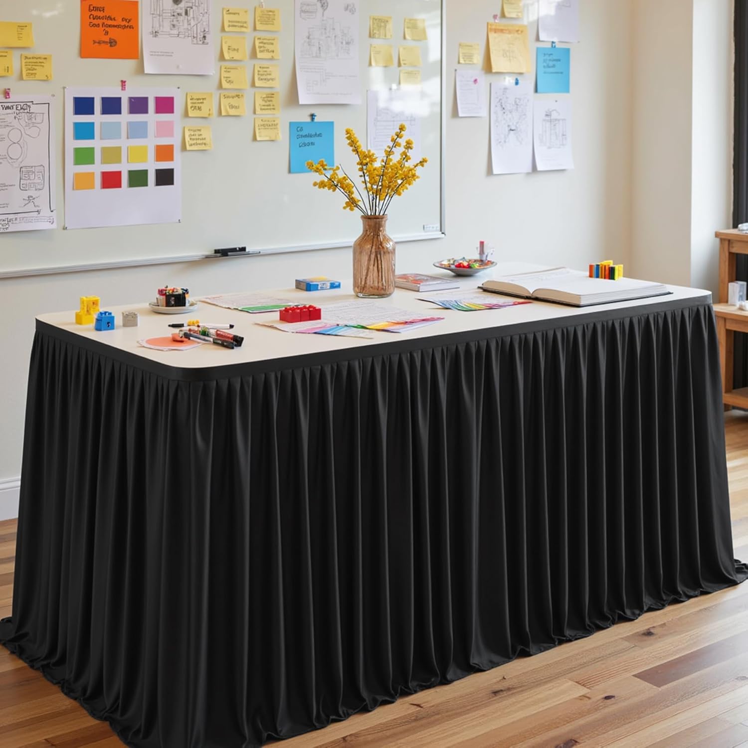 Black Table Skirt for Rectangle Tables 6ft Desk Skirt for Teacher Desk Classroom Ruffle Polyester Fabric Desk Skirts for Bridal Baby Shower Birthday Party Graduation Banquet Wedding, 6Pack