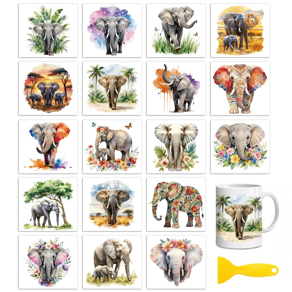 Peacoblue Elephant Flowers Rub On Transfers for Craft, Transfer Sticker