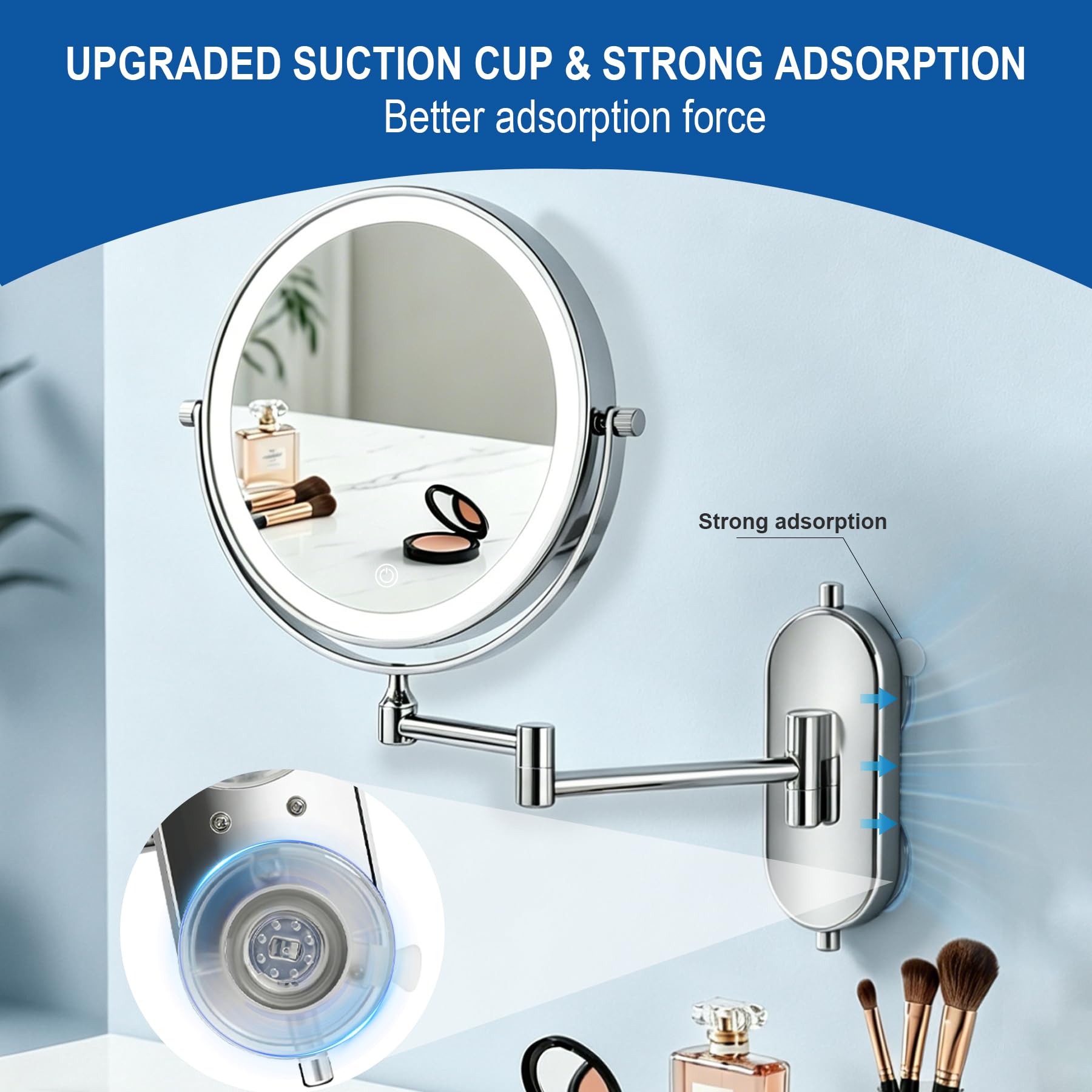 Espejo de Maquillage de Pared con Ventosa, 1/10X Aumento, 2000mAh Recargable Espejo Iluminado de Maquillaje con Ventosa, 360°Rotación para Baño, Espejo de Pared Cromo