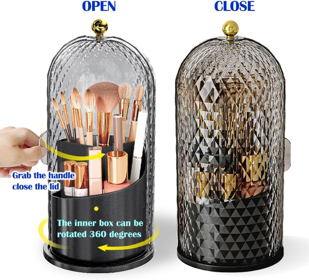 Makeup Brush Holder with Lid, 360 Rotating Multifunction Clear Dustproof Skincare Cosmetic Tools Storage Organizer for Vanity Desktop Bathroom Countertop (Black) - Image 3