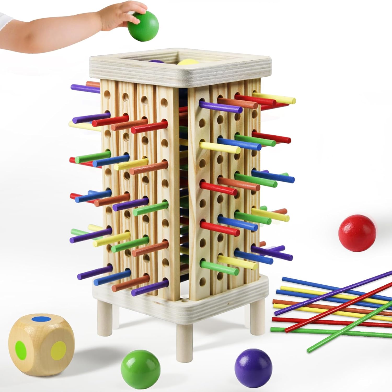 Montessori Game Wooden Board Game, 42 Colorful Wooden Sticks Dice Game Math Learning Toys for 3 4 5 6 Year Olds, Fine Motor Skill Toy for 3+ Year Olds Girls Boys,Family Game Travel Toys Gifts for Kids