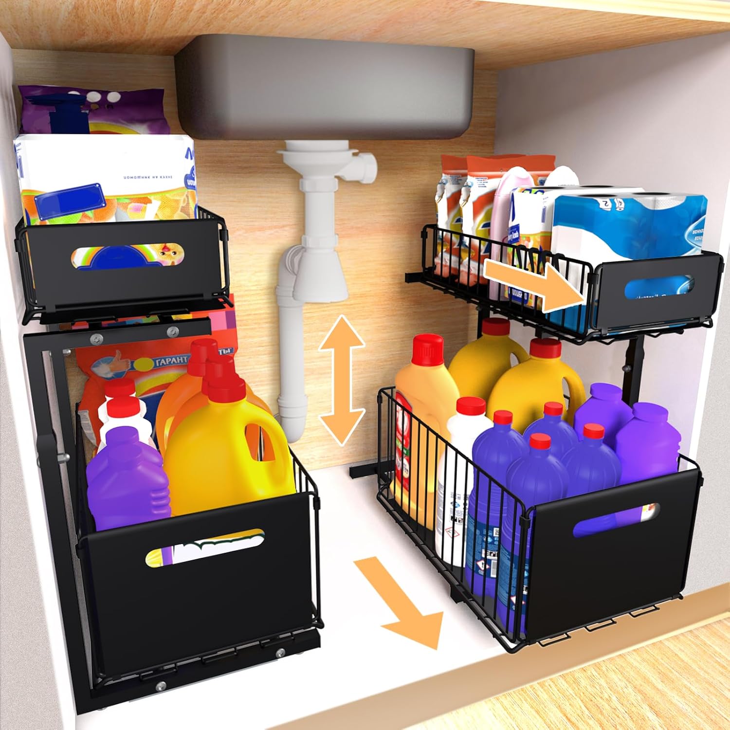 2-Tier Metal Sliding Under Sink Organizer, 2-Pack Pull-Out Cabinet Storage Rack for Kitchen, Bathroom, Pantry, and Closet Organization Black 2 Pack
