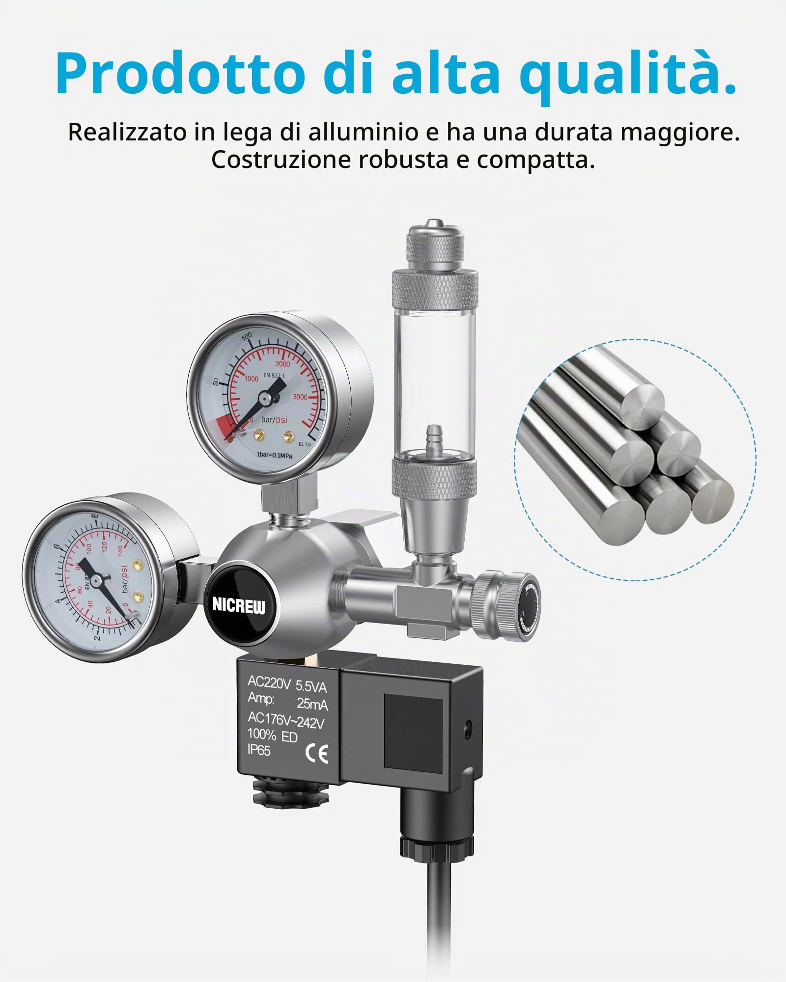 NICREW Regolatore di CO2 Acquario, Riduttore di Pressione per Acquario Piante, Doppio Manometri con Elettrovalvola Contatore di Bolle, Interfaccia W21,8