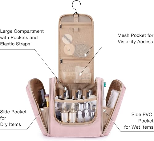 Miniatura 2 de BAGSMART - Estuche de viaje para cosméticos y artículos de aseo personal con gancho para colgar, neceser organizador de viaje para champú y otros