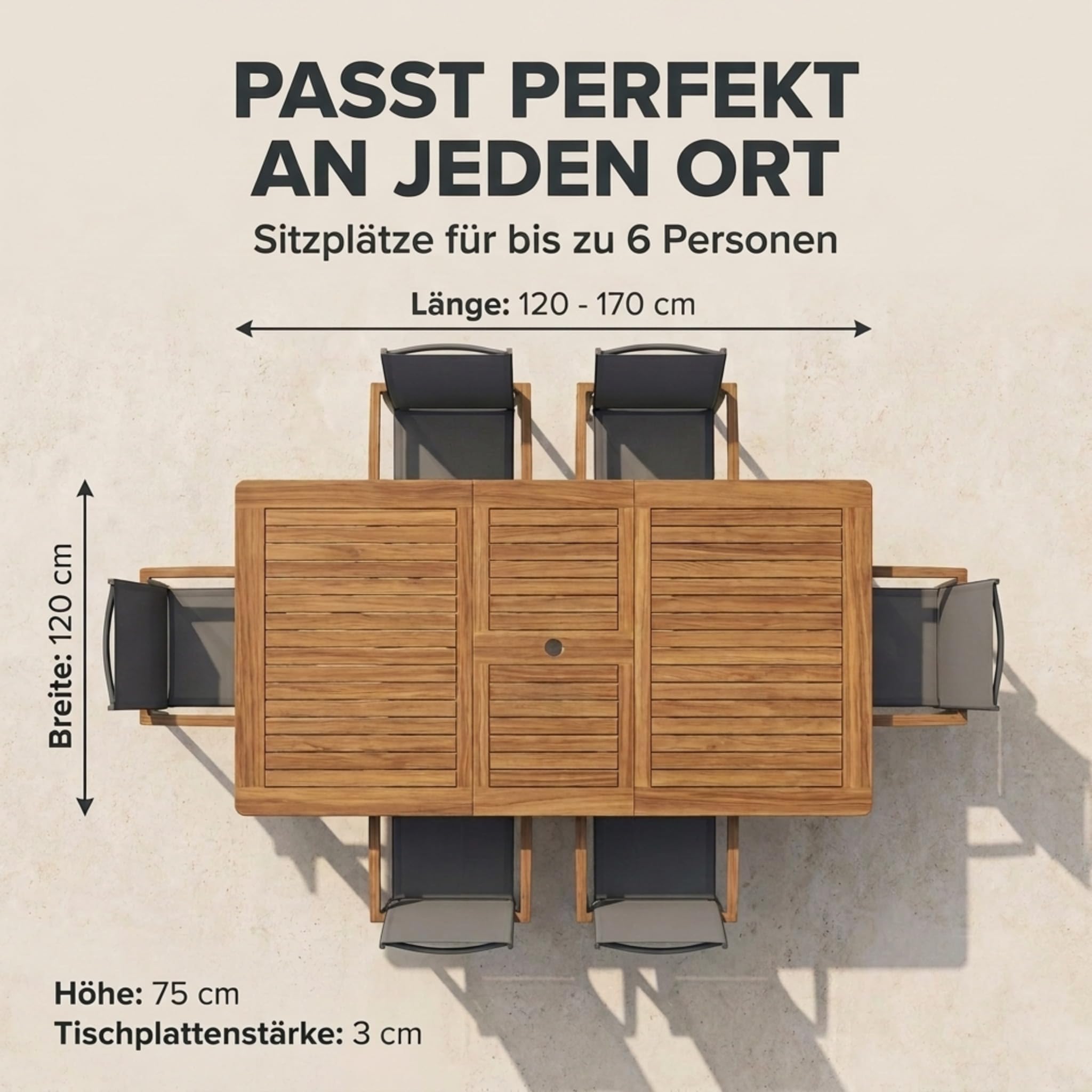 SAM Premium Gartentisch ausziehbar Madera, Garten Tisch aus Teakholz 120-170 x 120 cm, wetterfester Terrassentisch mit Schirmloch, rechteckiger Holztisch für Garten Terrasse, massiver Holz Esstisch