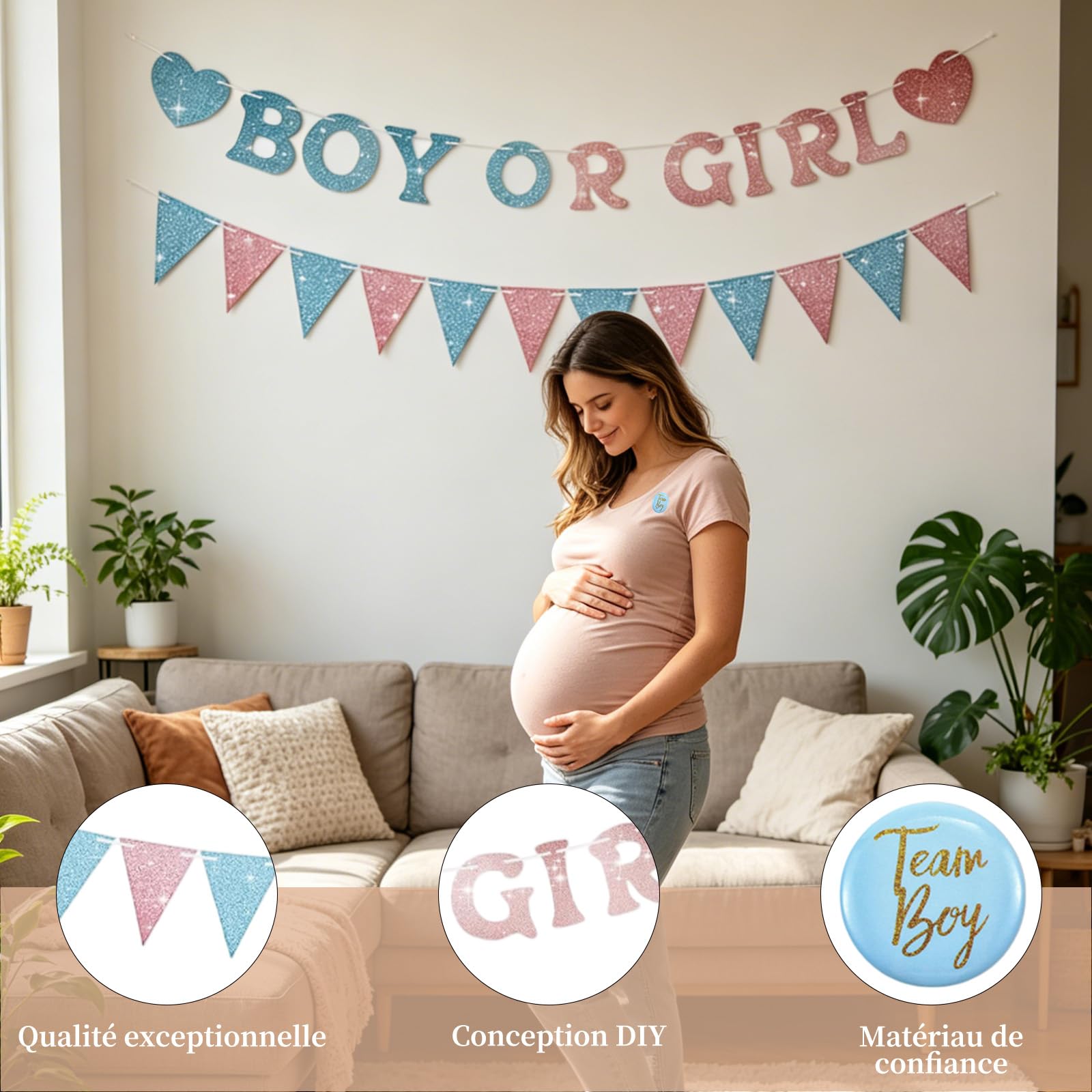 Guirlande Gender Reveal 3 m avec Fanions Cœurs 30 Badges Team Boy Girl Décor Rose Bleu Brillant Baby Shower