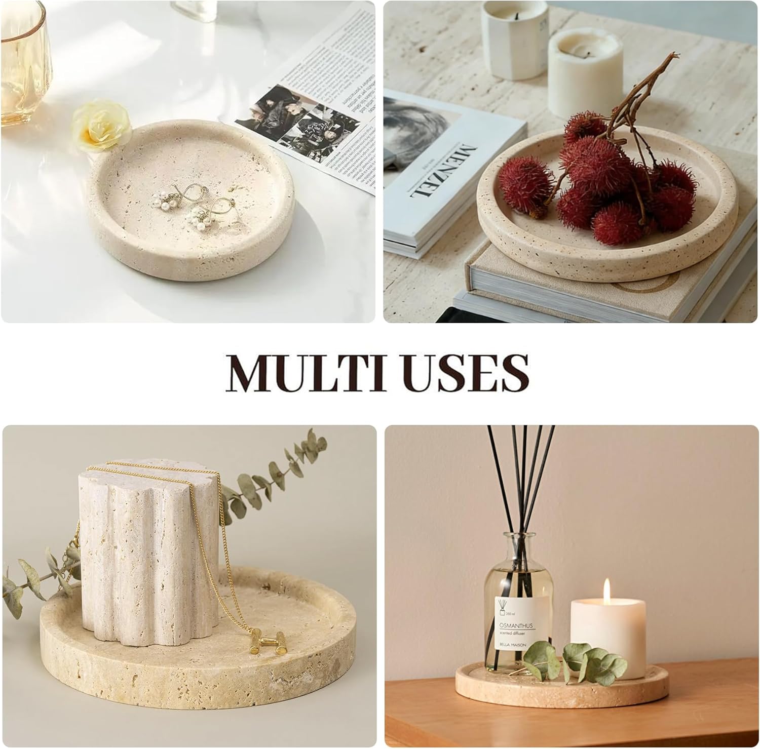Natural Marble Tray, Round Travertine Tray for Bedroom/Bathroom/Kitchen/Vanity Countertop, Jewelry Tray for Rings Earrings Necklace Bracelet Watch, Room Decor Aesthetic