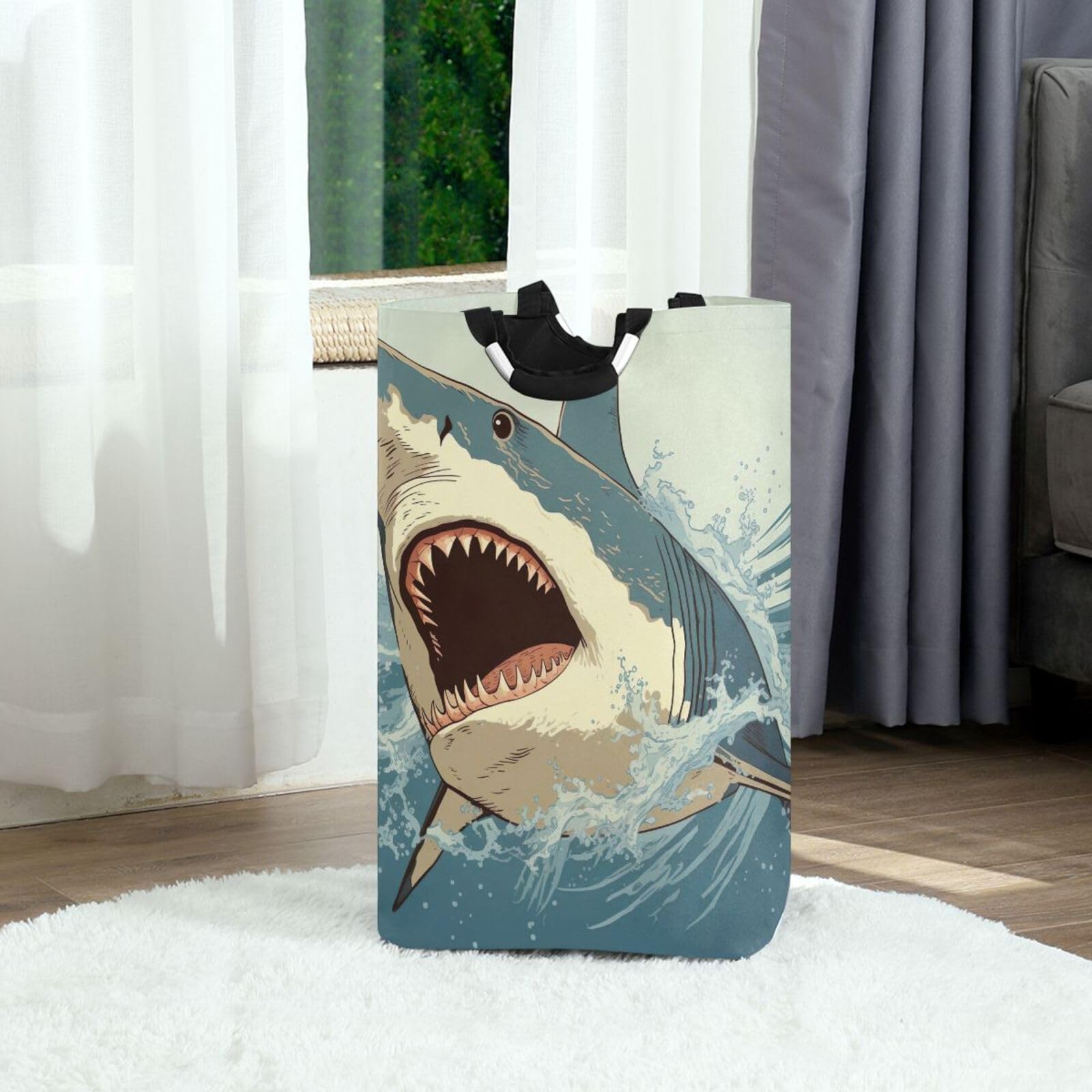 Jihqo Laundry Hamper Basket Big Shark Collapsible Nursery Storage Bin Waterproof Clothing Baskets for Home Bedroom Bathroom Washing Room