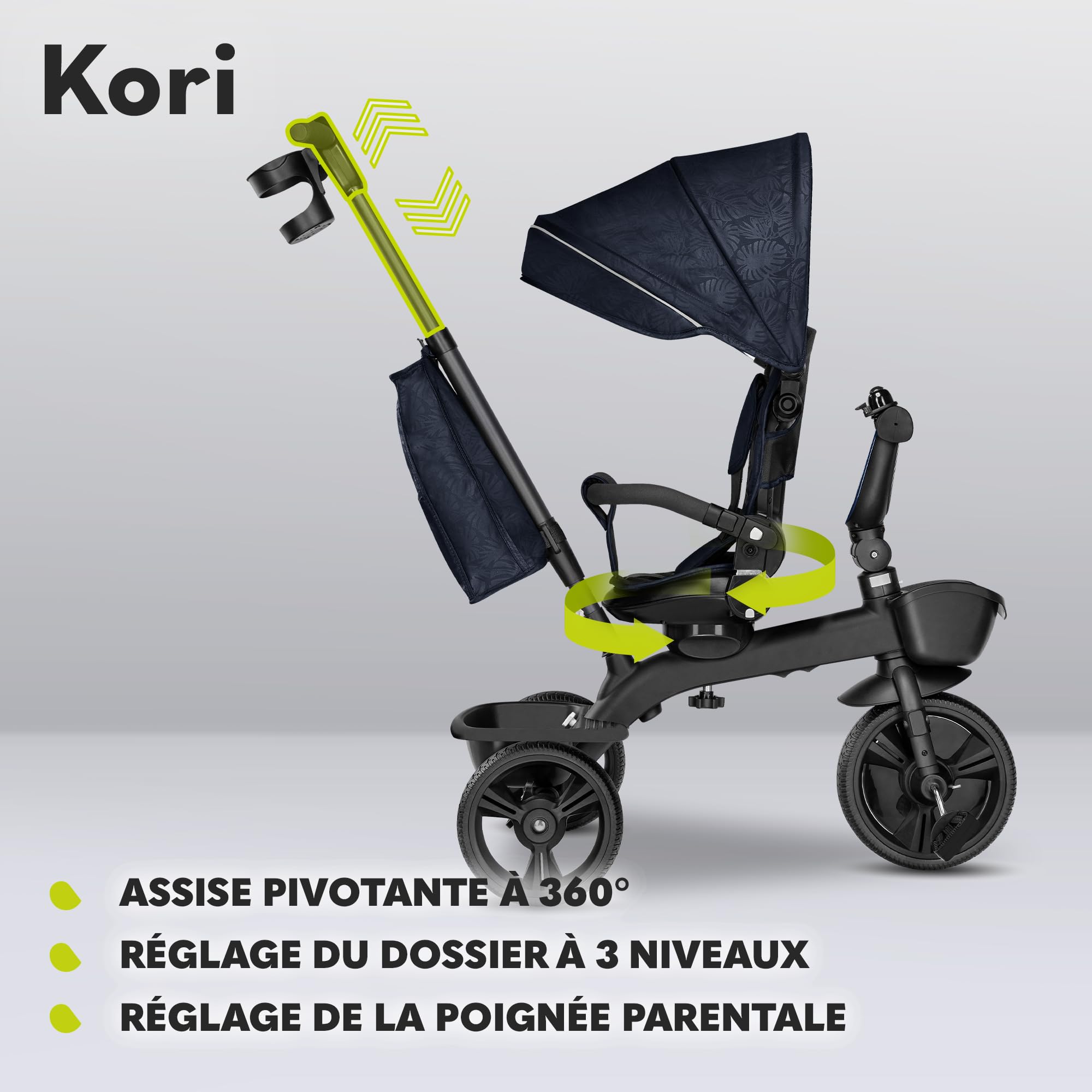 LIONELO Kori 2en1 Tricycle bébé évolutif de 1,5 jusqu'à 25 kg, siège Rotatif à 360 degrés, Roue Libre Dossier réglable, Porte-gobelet, Sac fermé, 2 paniers spacieux