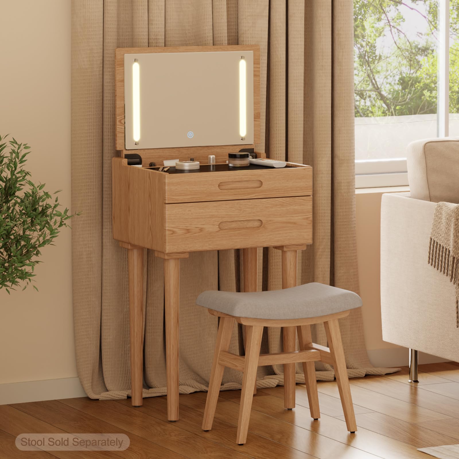 Escritorio pequeño de madera maciza con espejo abatible, luces ajustables de brillo, tocador compacto con parte superior de vidrio y cajones, tocador delgado para espacios pequeños, dormitorio 9