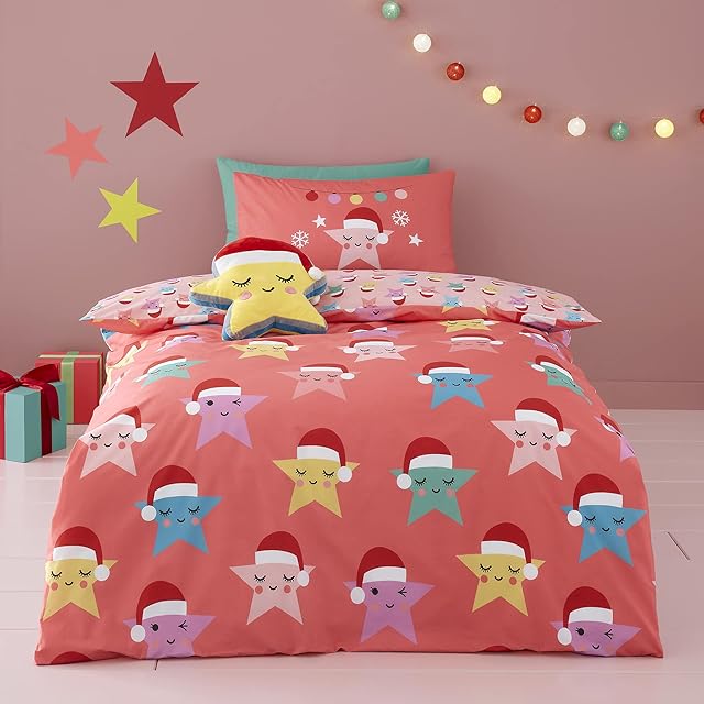 Cosatto - Christmas Happy Stars - 100% Cotton Duvet Cover Set - Single Bed Size in Pink