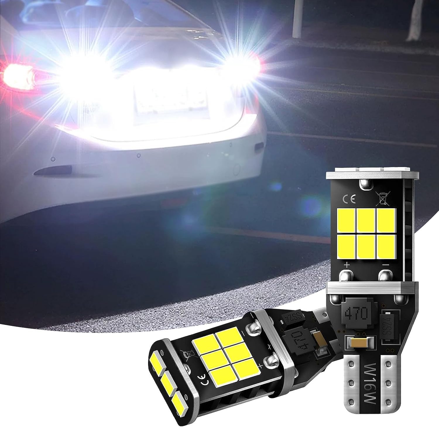 QODOLSI Pack-2 Car Illumination Lights, T15 Reverse Light, High Power Decoding 3535 Chip Bulbs, Super Bright LED Bulb, Extremely Super Bright, Universal Bulbs Replacement (White Light)