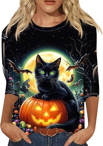 Cute Funny Halloween Shirts for Women Plus Size 3/4 Length Long Sleeve Womens Tops Witch Gothic Renaissance Shirt