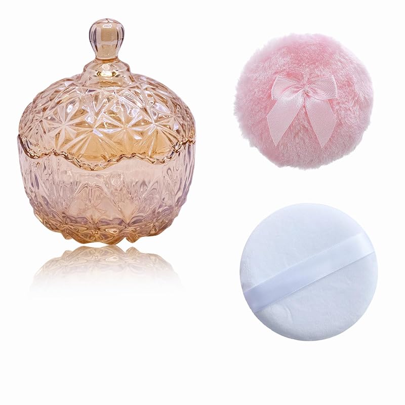 Qopoto Puff para pó corporal com recipiente de vidro Crown, Amber — conjunto com 2