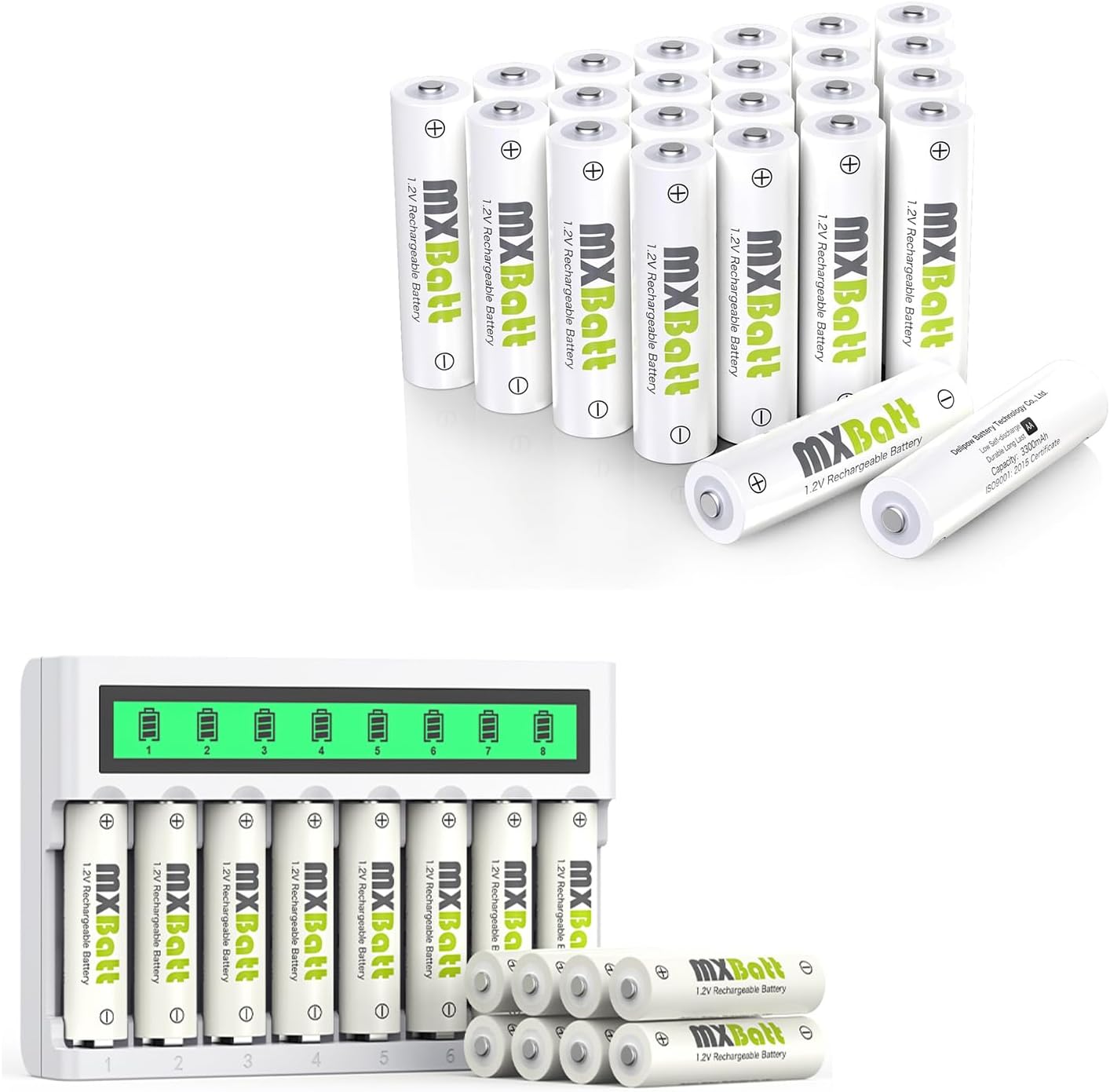 Rechargeable AA Batteries NIMH 8 Bay Battery Charger for AA and AAA, 1.2V 3300mAh High Capacity, 16 Pack for Cordless Phones,