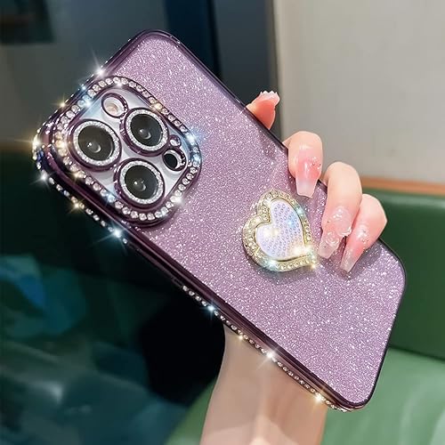 Miniatura 2 de Bonita funda compatible con iPhone 13 Pro de 6.1 pulgadas, diamantes brillantes + fundas de tarjetas con purpurina con soporte de corazón de amor,