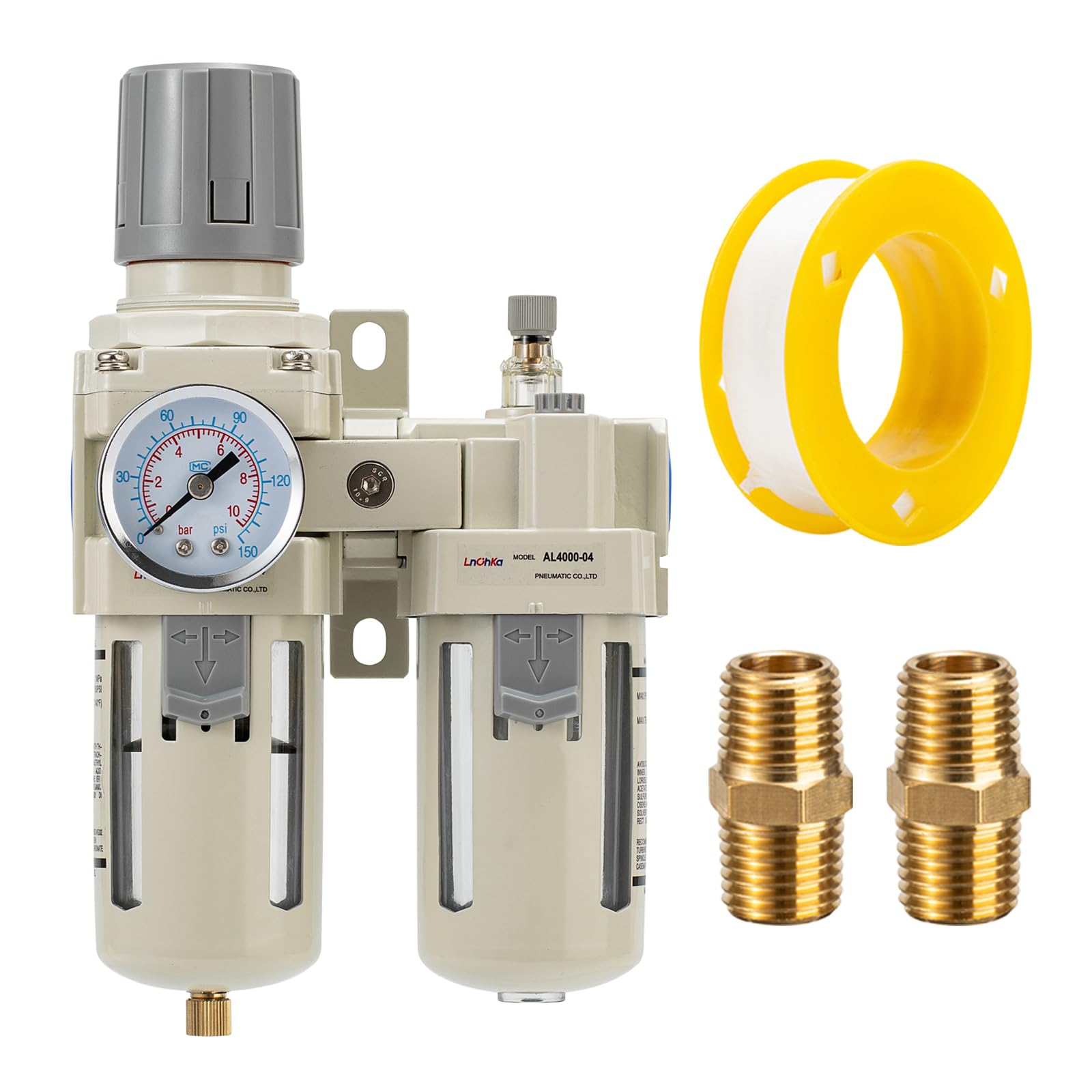 LNCHKA Industrial Air Compressor Filter Regulator Lubricator (FRL) Unit - 1/2 NPT Oil Water Separator with Pressure Gauge & Semi-Auto Drain for