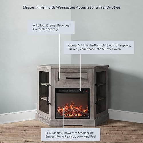 Miniatura 3 de BELLEZE Soporte de TV de esquina de 43 pulgadas con calentador eléctrico de chimenea de 18 pulgadas para televisores de hasta 43 pulgadas, moderno