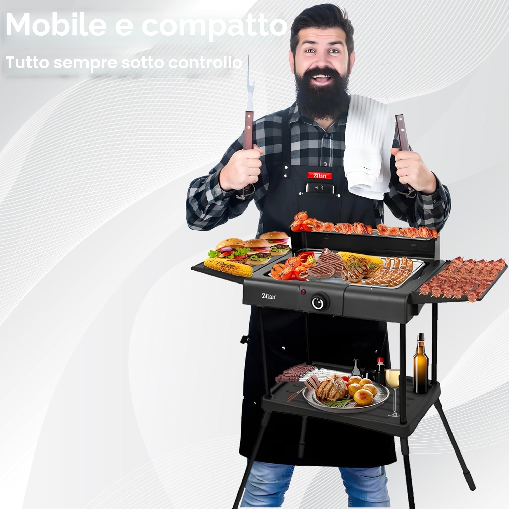 Barbecue elettrico 2 in 1, da pavimento e da tavolo, da 2400 Watt, per balconi, esterni e interni, con piedistallo, grande superficie per grigliare, regolatore della temperatura continuo