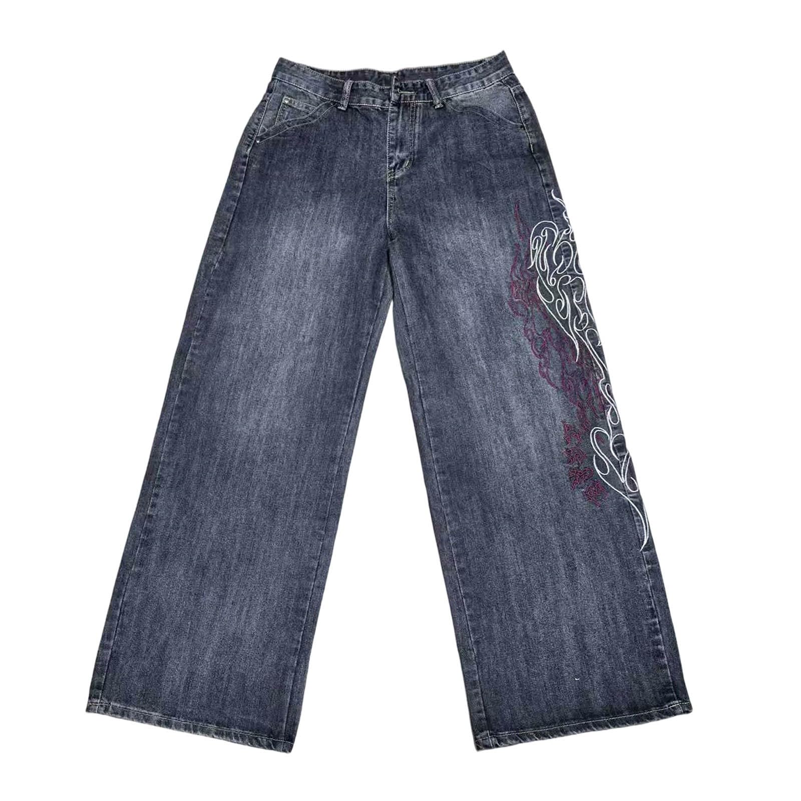 Jeans da uomo stampati, alla moda, hip hop, baggy, con tasche, Y2K, gotici, a gamba larga, vita media, comodi, per il tempo libero, vintage, streetwear, gamba larga